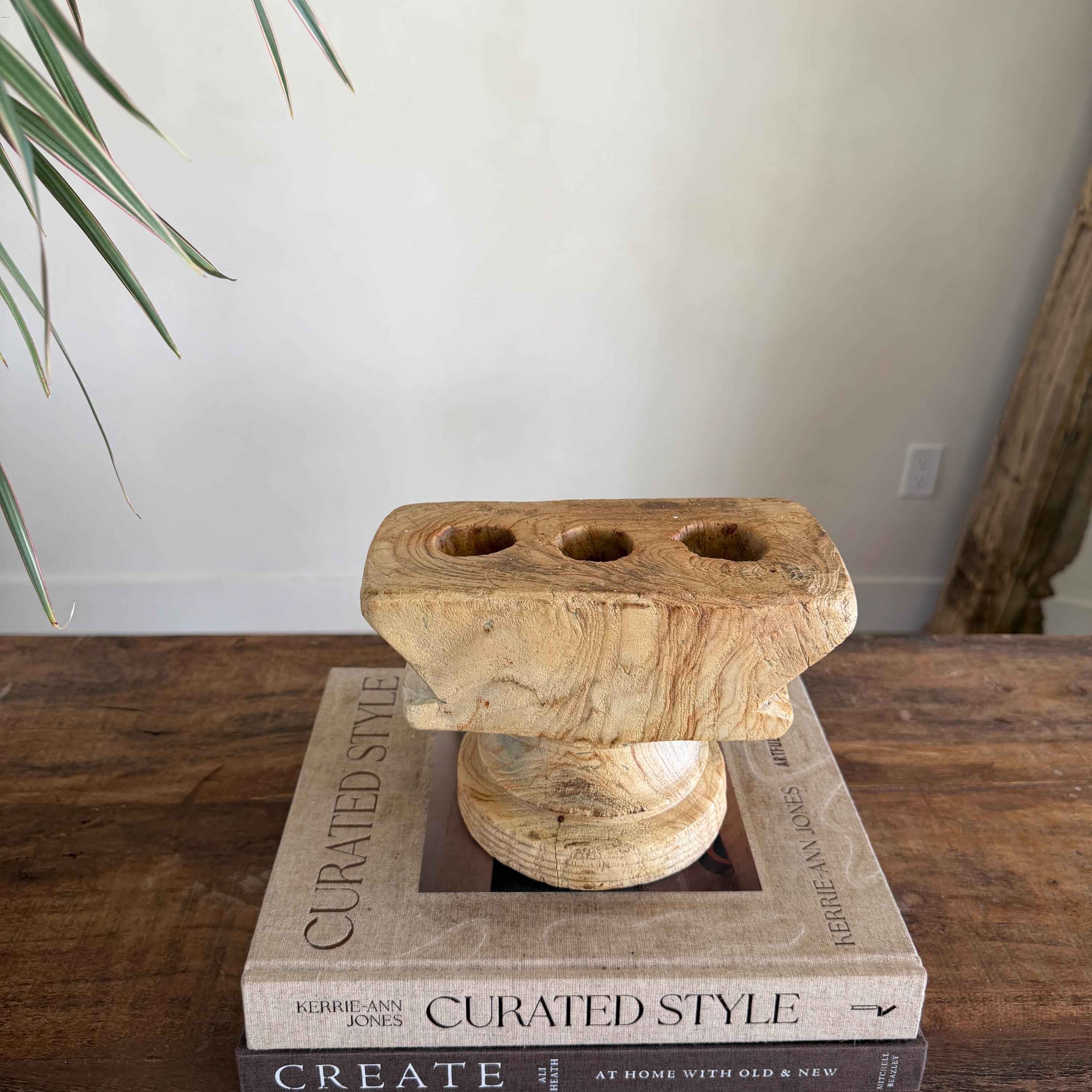 Vintage Teak Seeder Pillar Candle Holder | Hand-Carved Antique Farm Tool