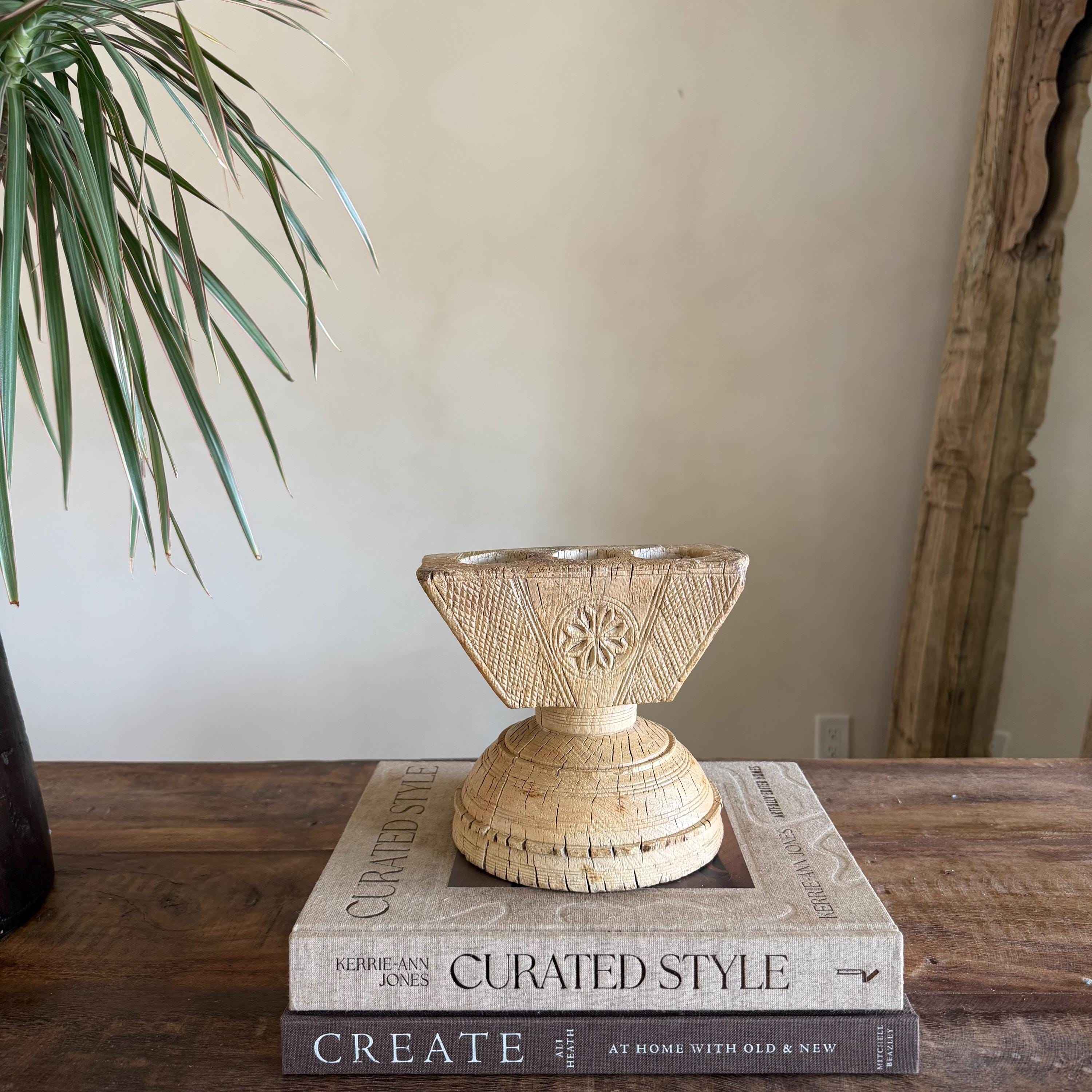 Vintage Teak Seeder Pillar Candle Holder | Hand-Carved Antique Farm Tool