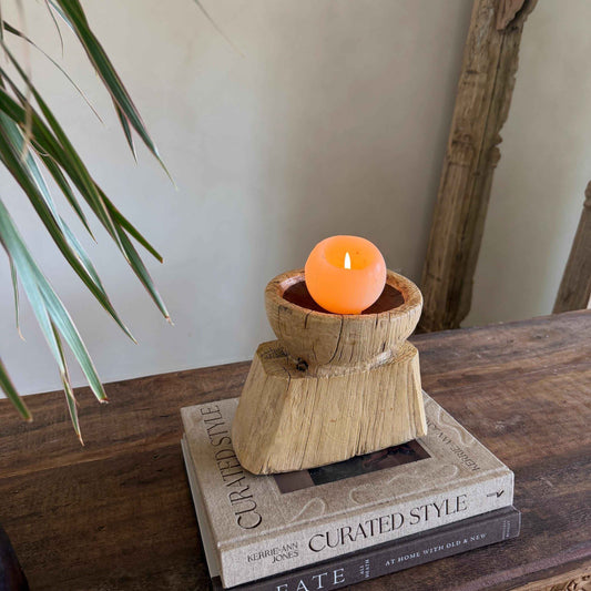 Vintage Teak Seeder Pillar Candle Holder | Hand-Carved Antique Farm Tool