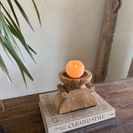 Vintage Teak Seeder Pillar Candle Holder | Hand-Carved Antique Farm Tool