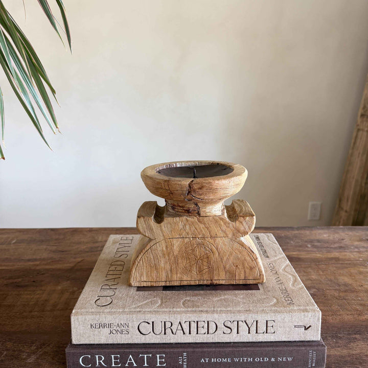 Vintage Teak Seeder Pillar Candle Holder | Hand-Carved Antique Farm Tool