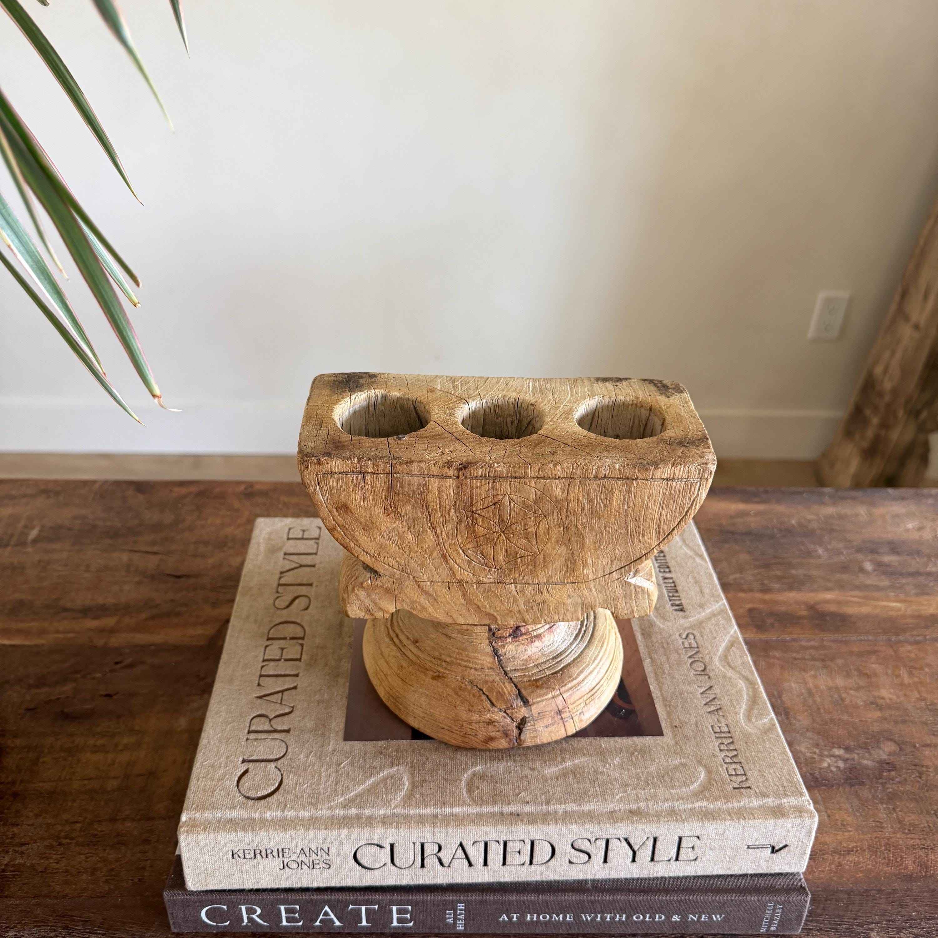 Vintage Teak Seeder Pillar Candle Holder | Hand-Carved Antique Farm Tool