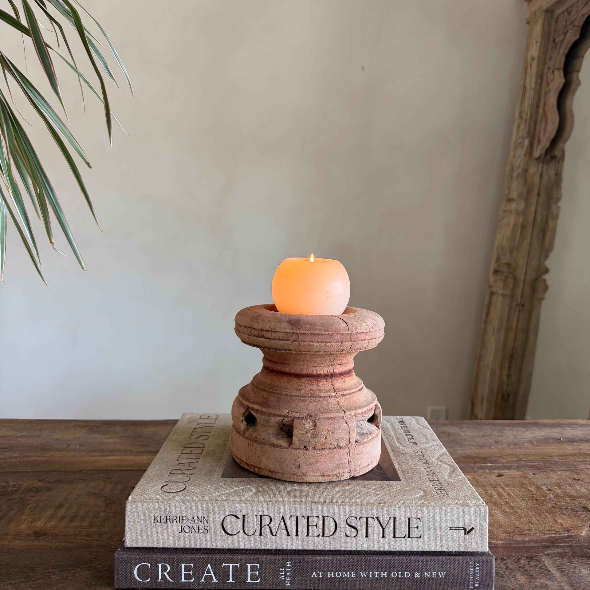 Vintage Teak Seeder Pillar Candle Holder | Hand-Carved Antique Farm Tool