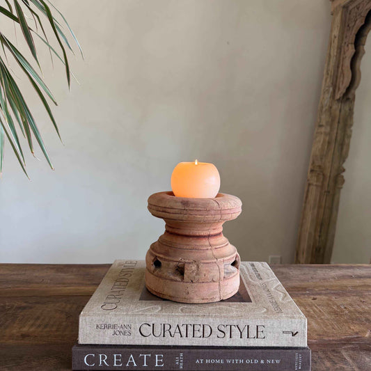 Vintage Teak Seeder Pillar Candle Holder | Hand-Carved Antique Farm Tool