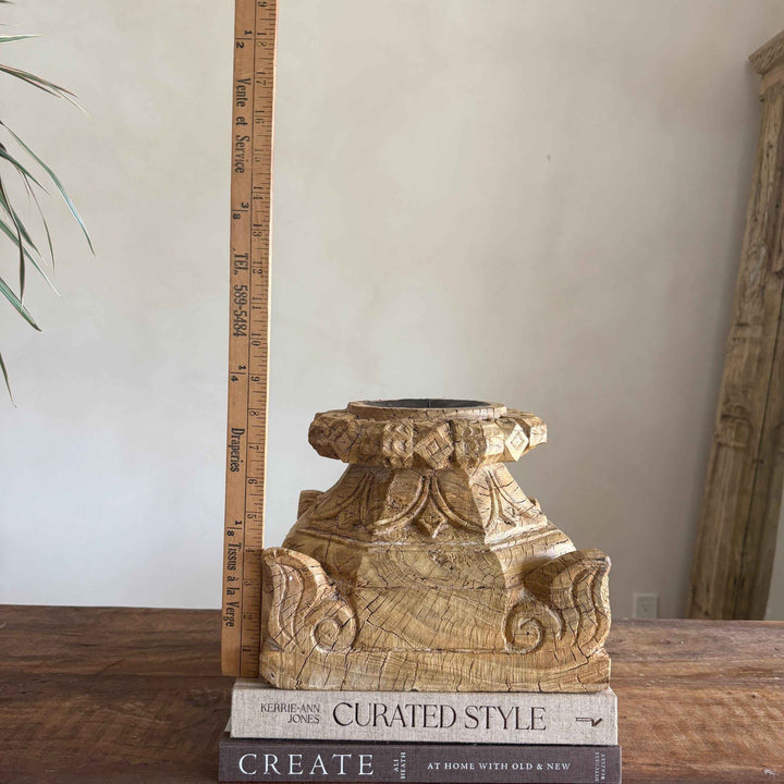 Vintage Teak Palace Capital Candle Holder | Hand-Carved Royal Relic
