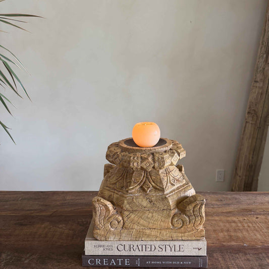 Vintage Teak Palace Capital Candle Holder | Hand-Carved Royal Relic