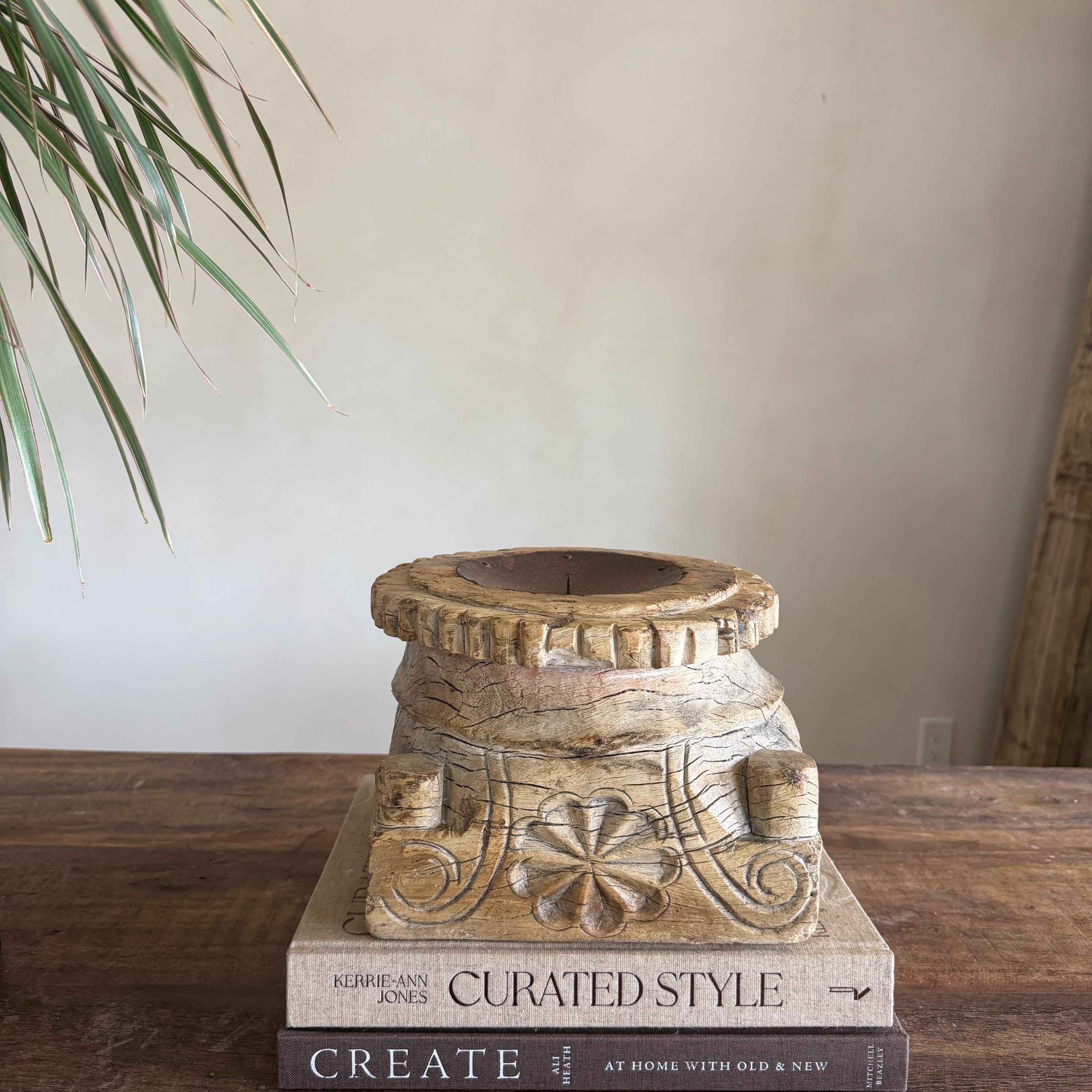 Vintage Teak Palace Capital Candle Holder | Hand-Carved Royal Relic