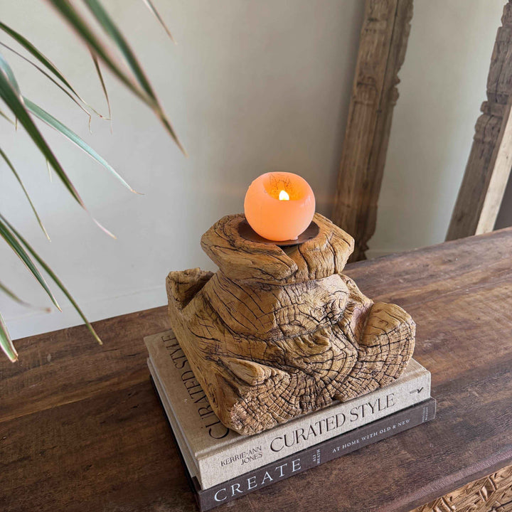 Vintage Teak Palace Capital Candle Holder | Hand-Carved Royal Relic