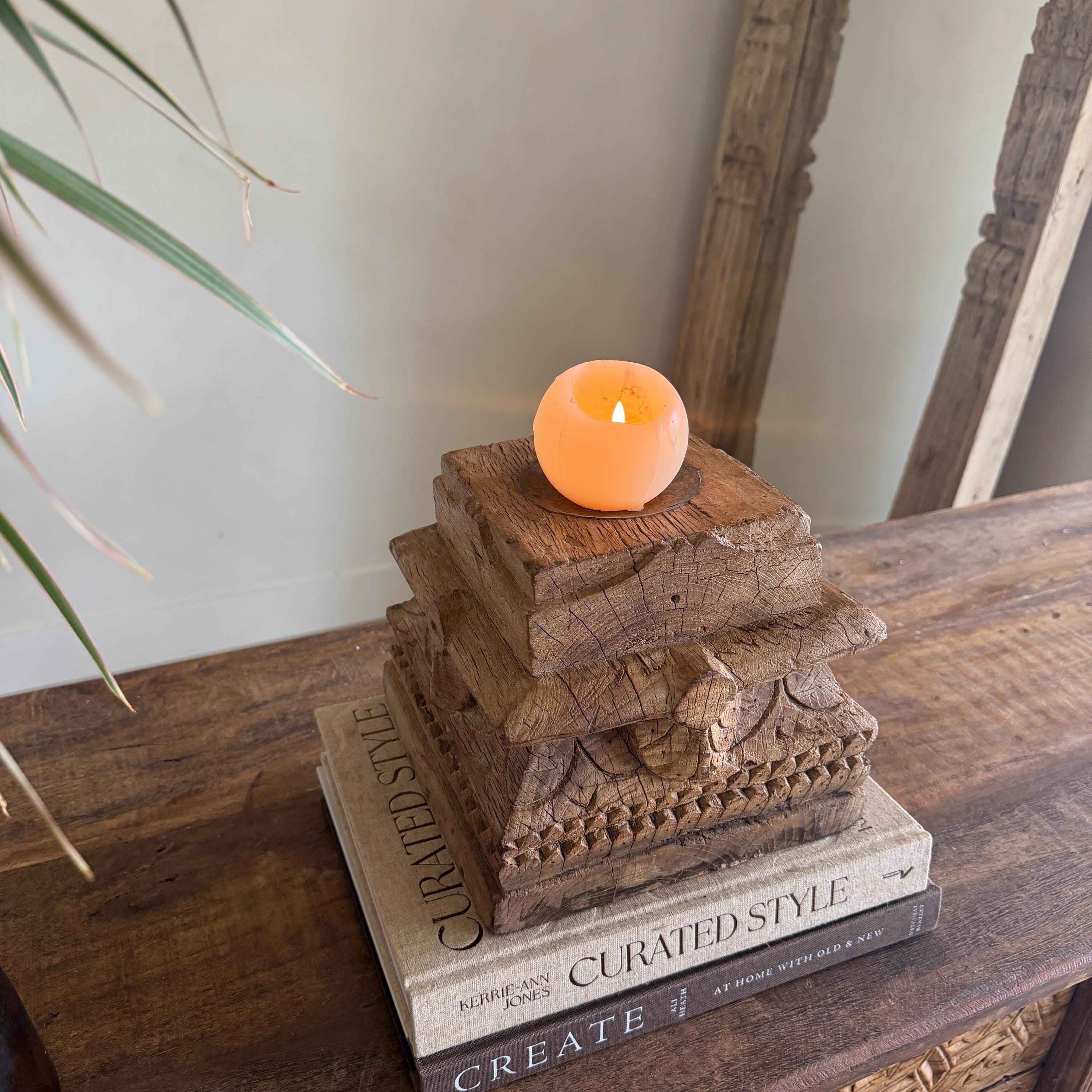 Vintage Teak Palace Capital Candle Holder | Hand-Carved Royal Relic