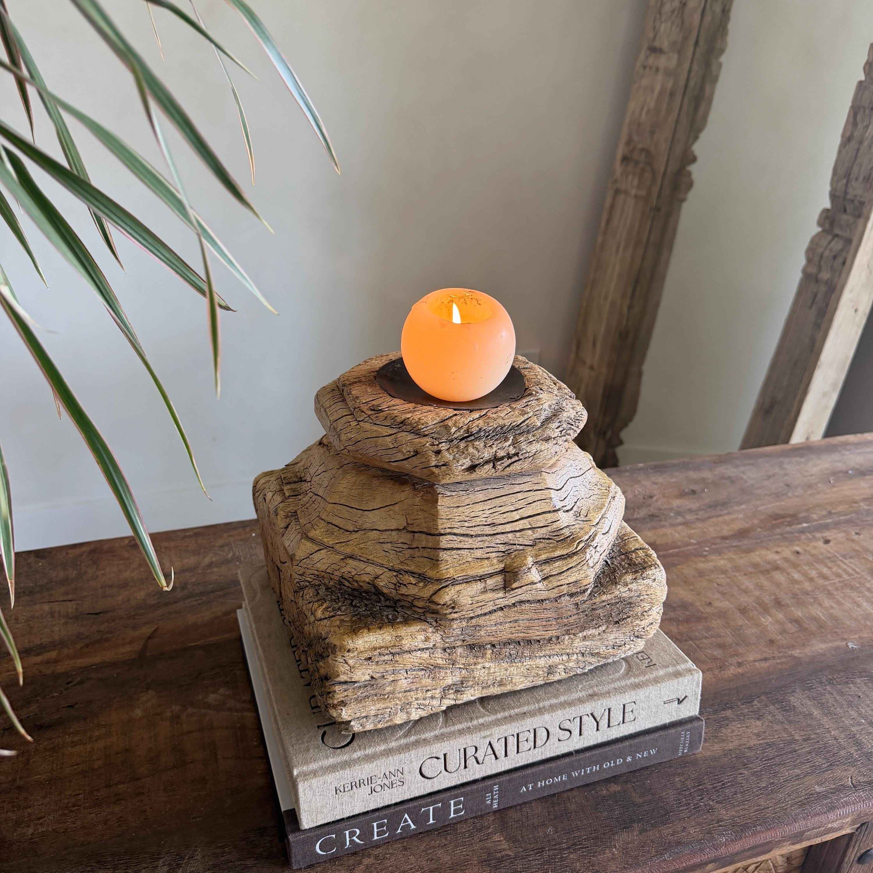 Vintage Teak Palace Capital Candle Holder | Hand-Carved Royal Relic