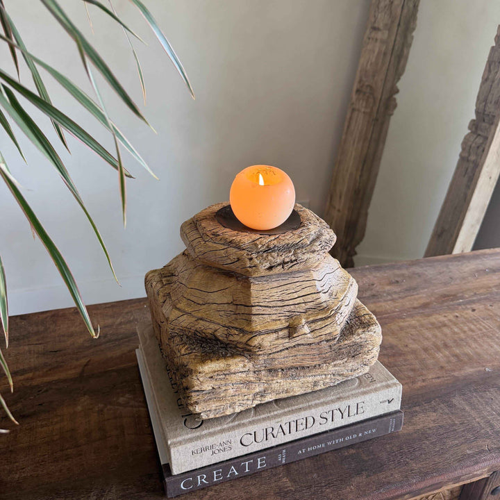 Vintage Teak Palace Capital Candle Holder | Hand-Carved Royal Relic