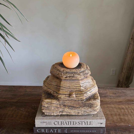 Vintage Teak Palace Capital Candle Holder | Hand-Carved Royal Relic