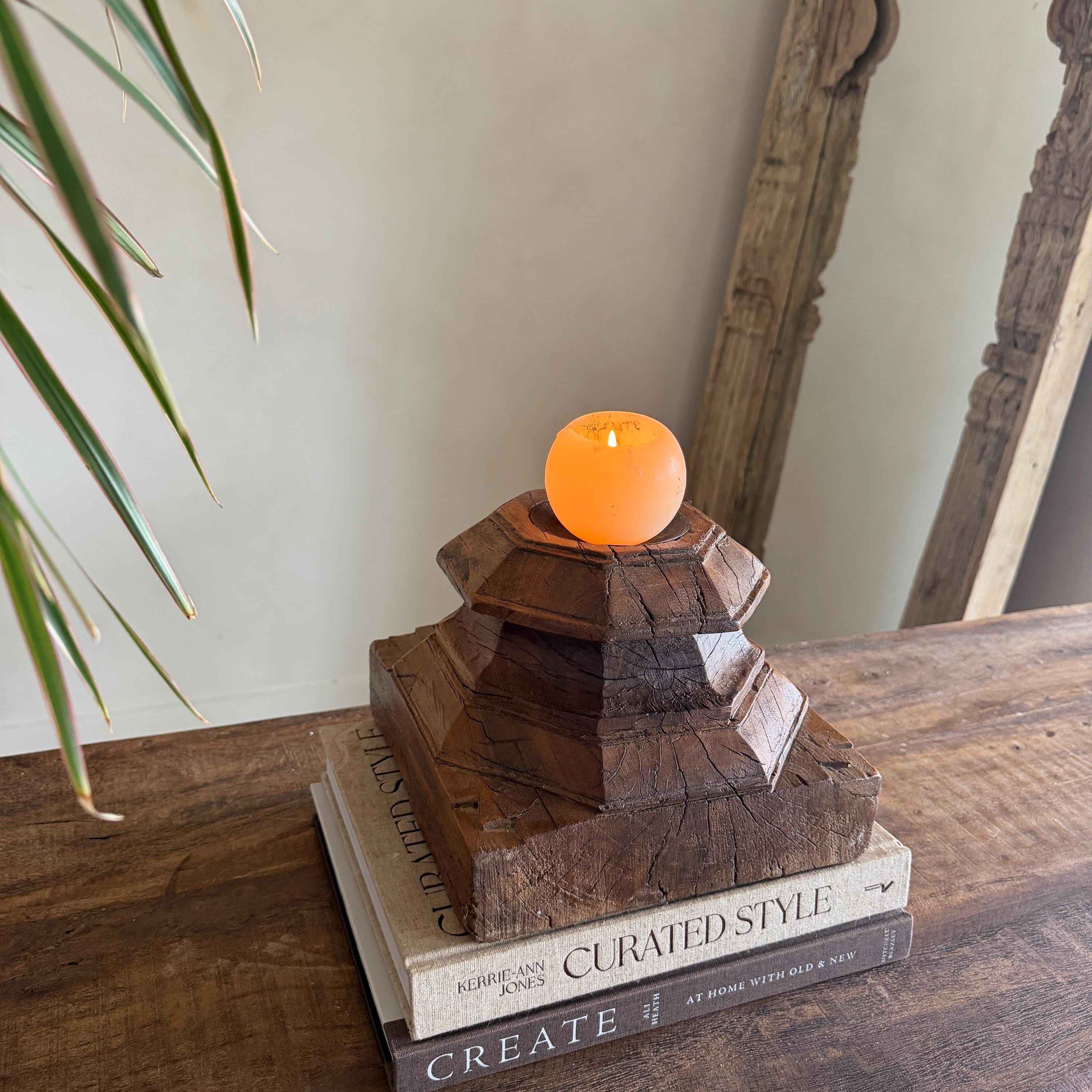 Vintage Teak Palace Capital Candle Holder | Hand-Carved Royal Relic