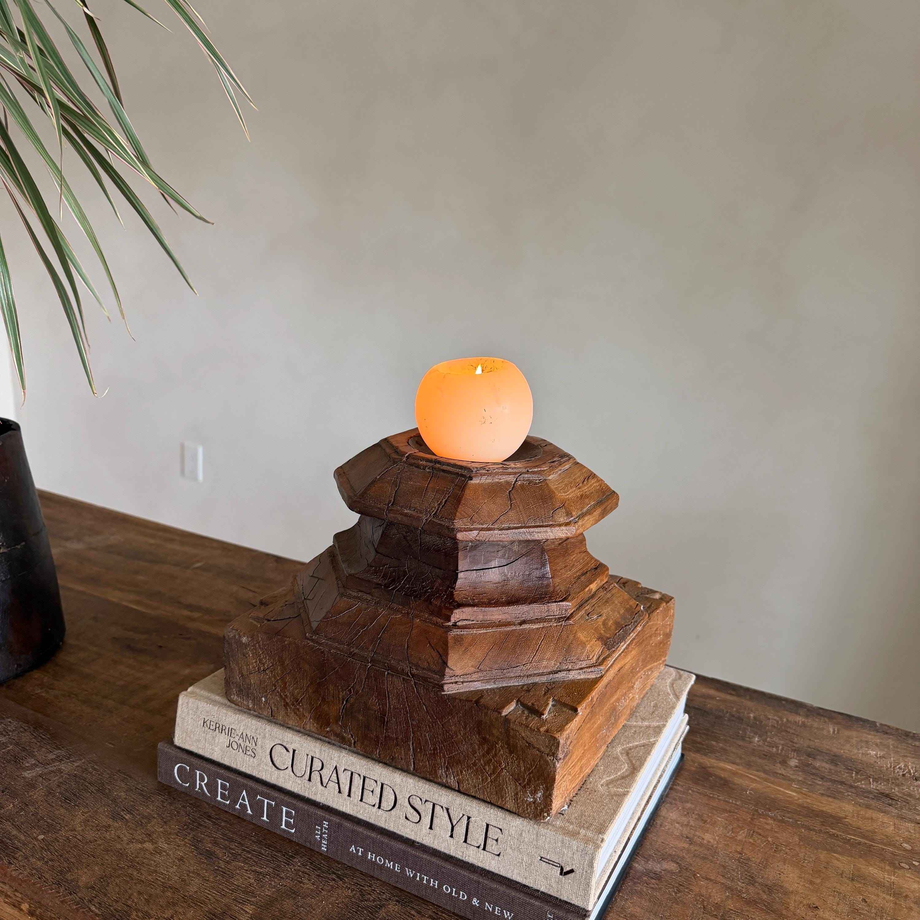 Vintage Teak Palace Capital Candle Holder | Hand-Carved Royal Relic