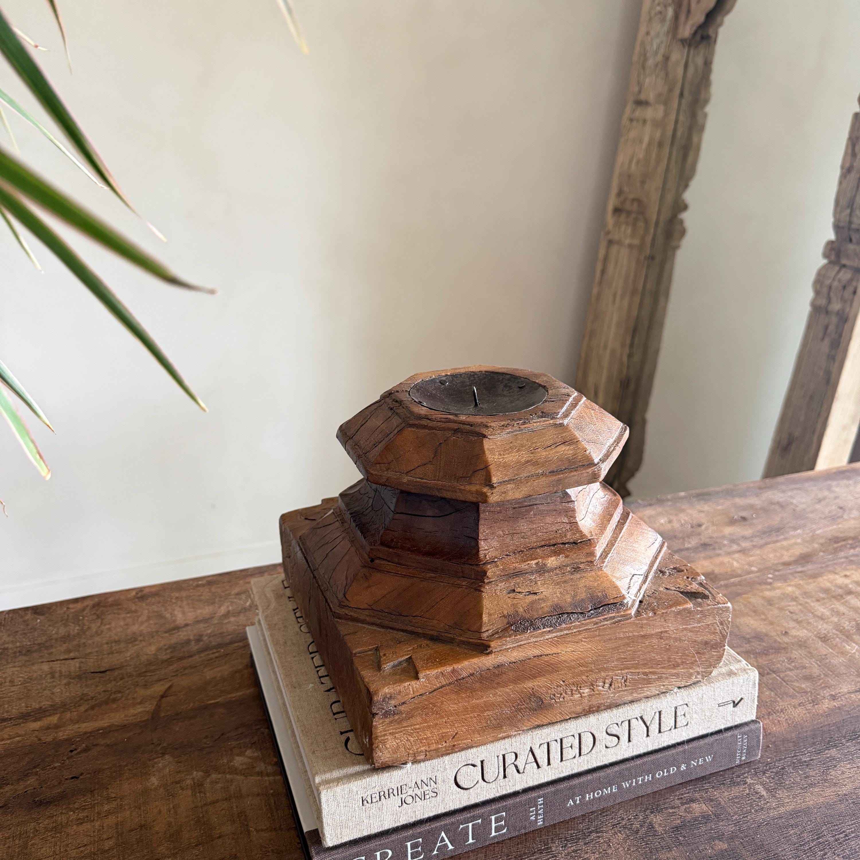 Vintage Teak Palace Capital Candle Holder | Hand-Carved Royal Relic