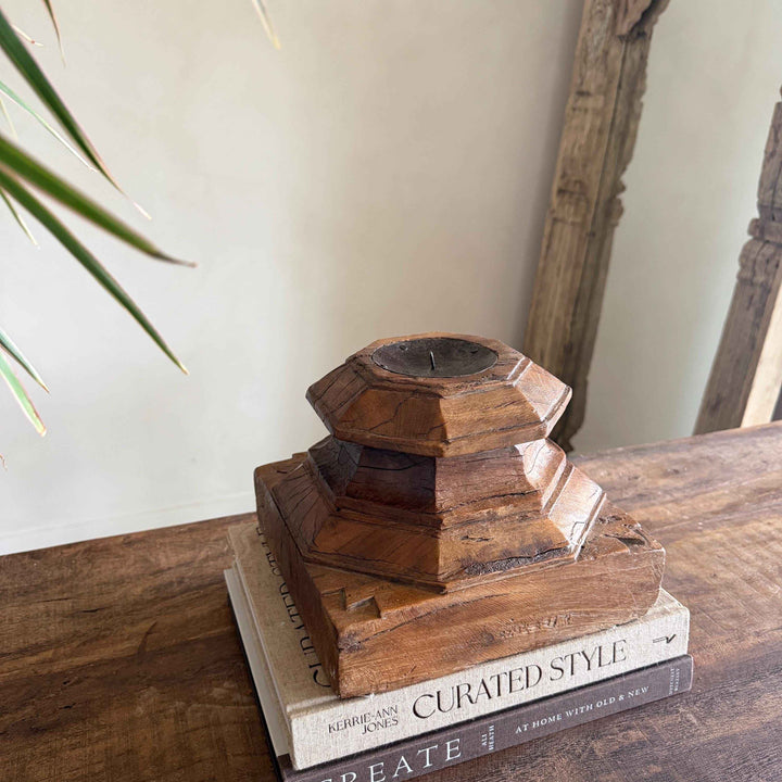 Vintage Teak Palace Capital Candle Holder | Hand-Carved Royal Relic