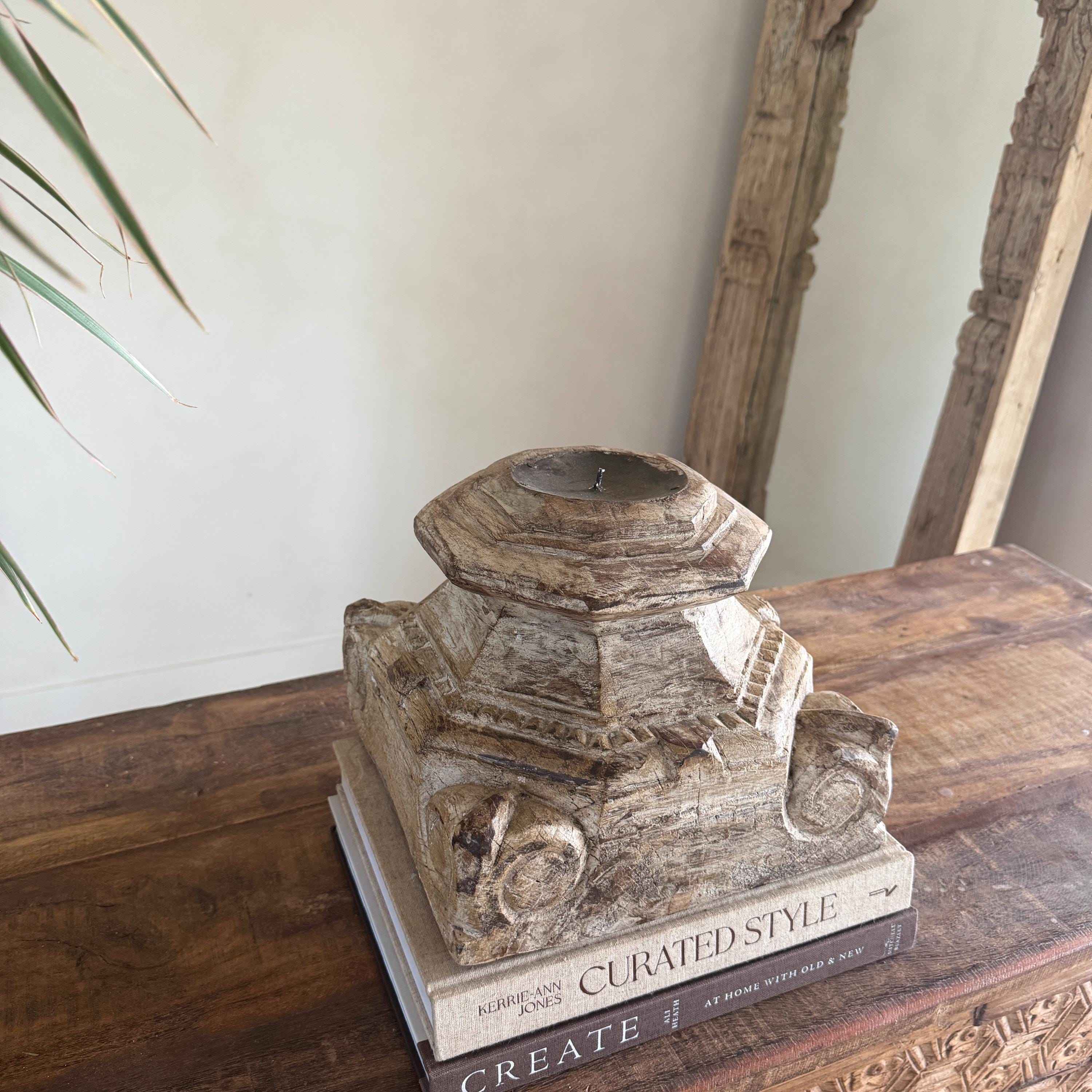 Vintage Teak Palace Capital Candle Holder | Hand-Carved Royal Relic