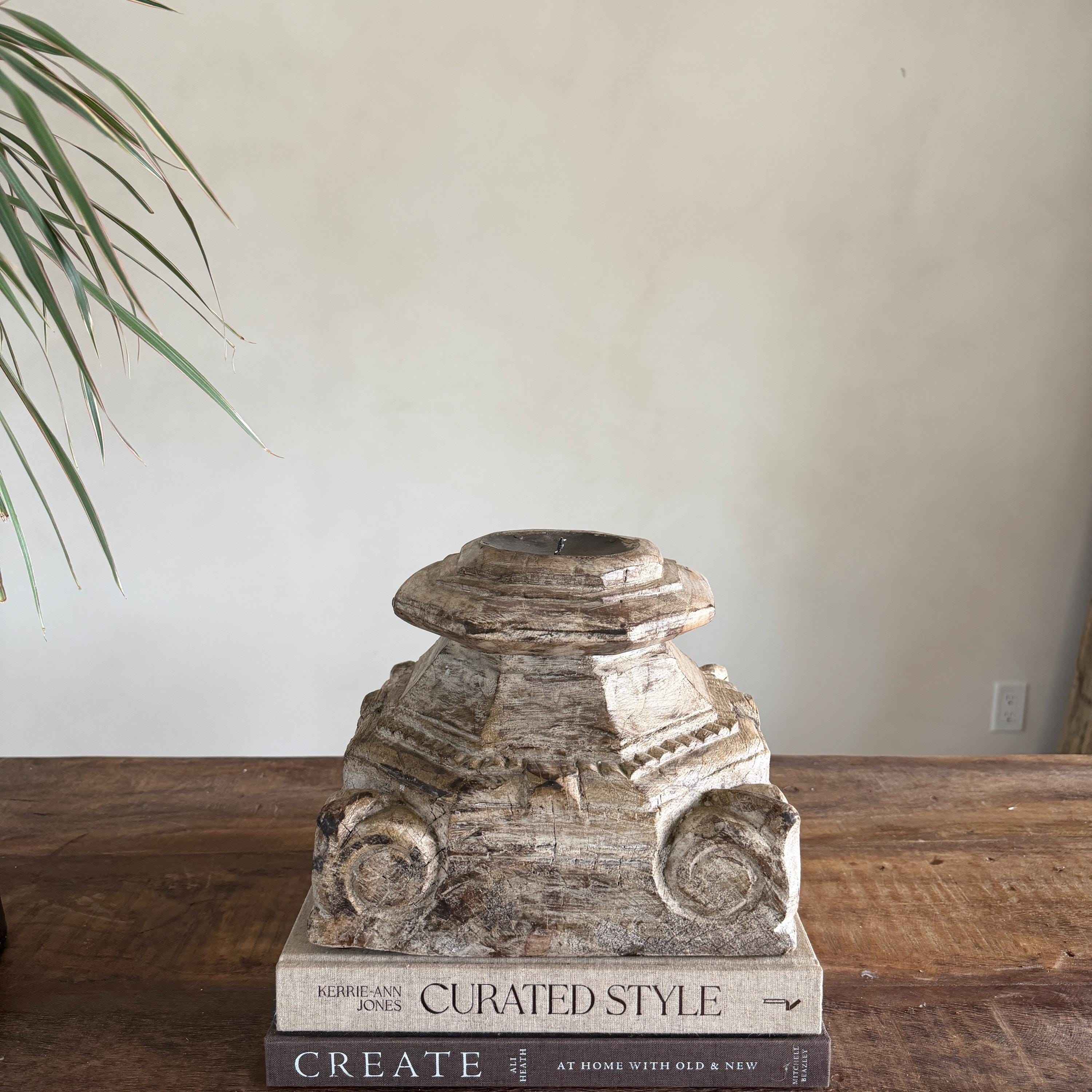 Vintage Teak Palace Capital Candle Holder | Hand-Carved Royal Relic