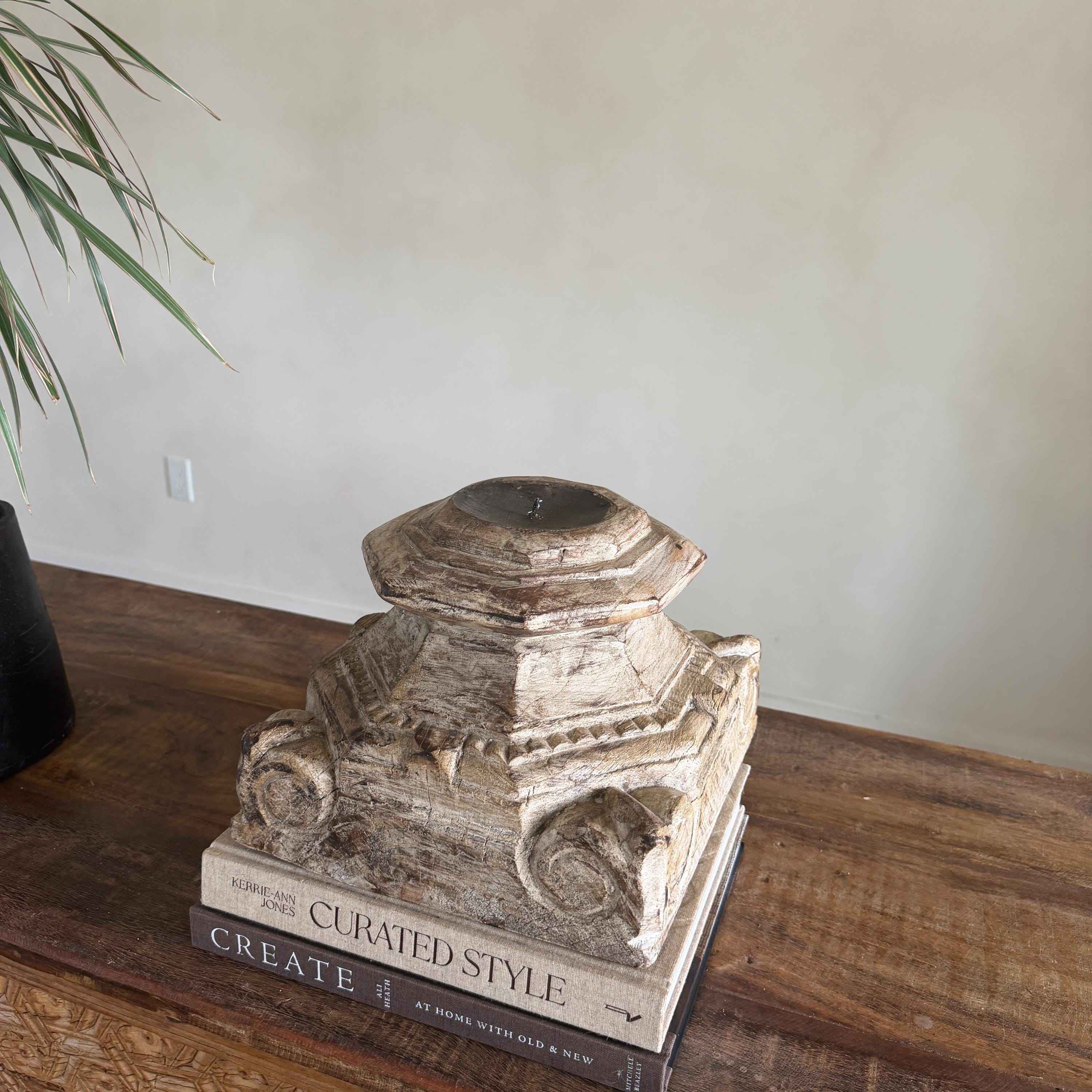 Vintage Teak Palace Capital Candle Holder | Hand-Carved Royal Relic