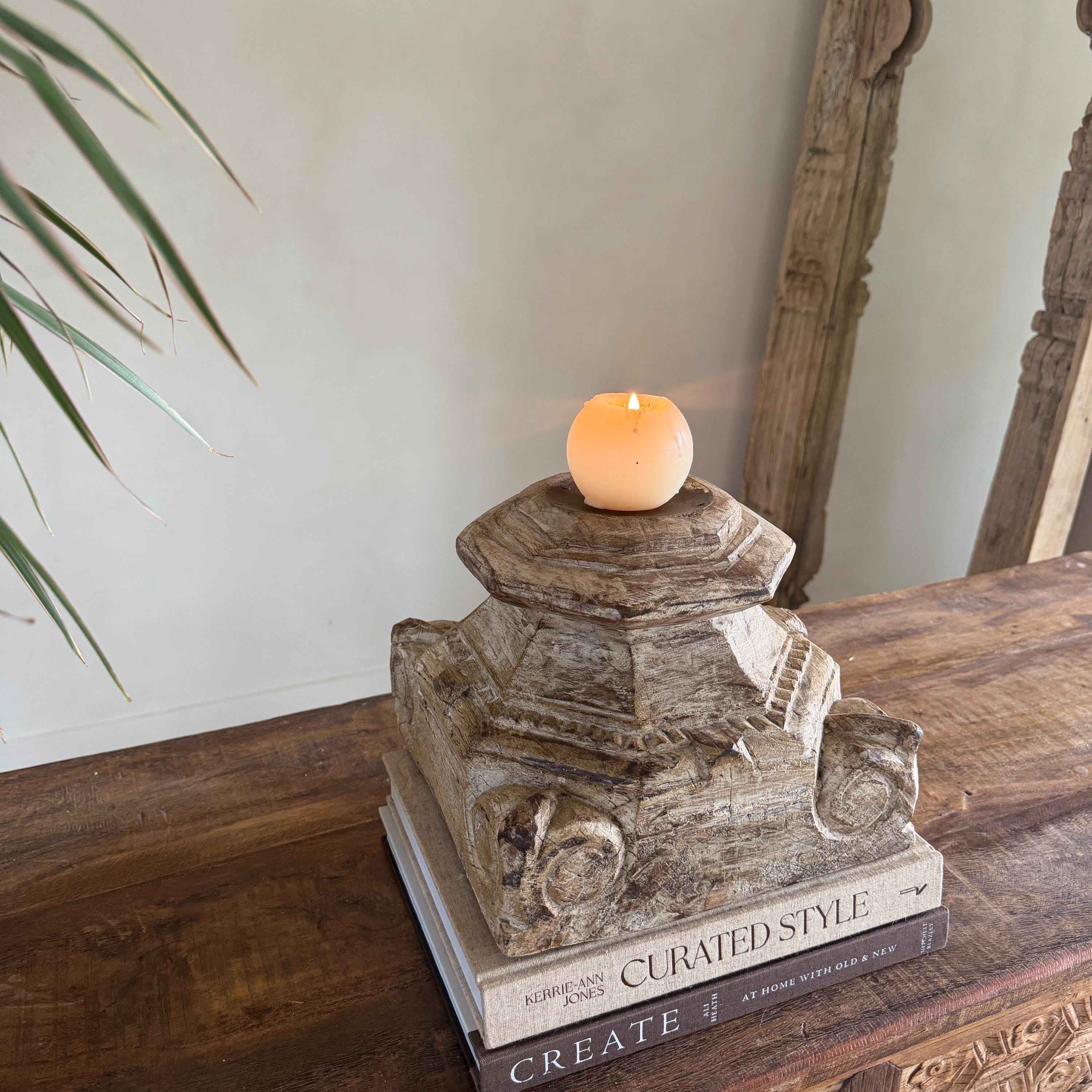 Vintage Teak Palace Capital Candle Holder | Hand-Carved Royal Relic
