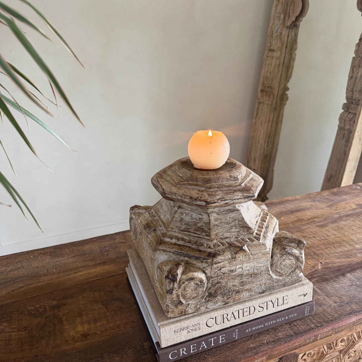 Vintage Teak Palace Capital Candle Holder | Hand-Carved Royal Relic