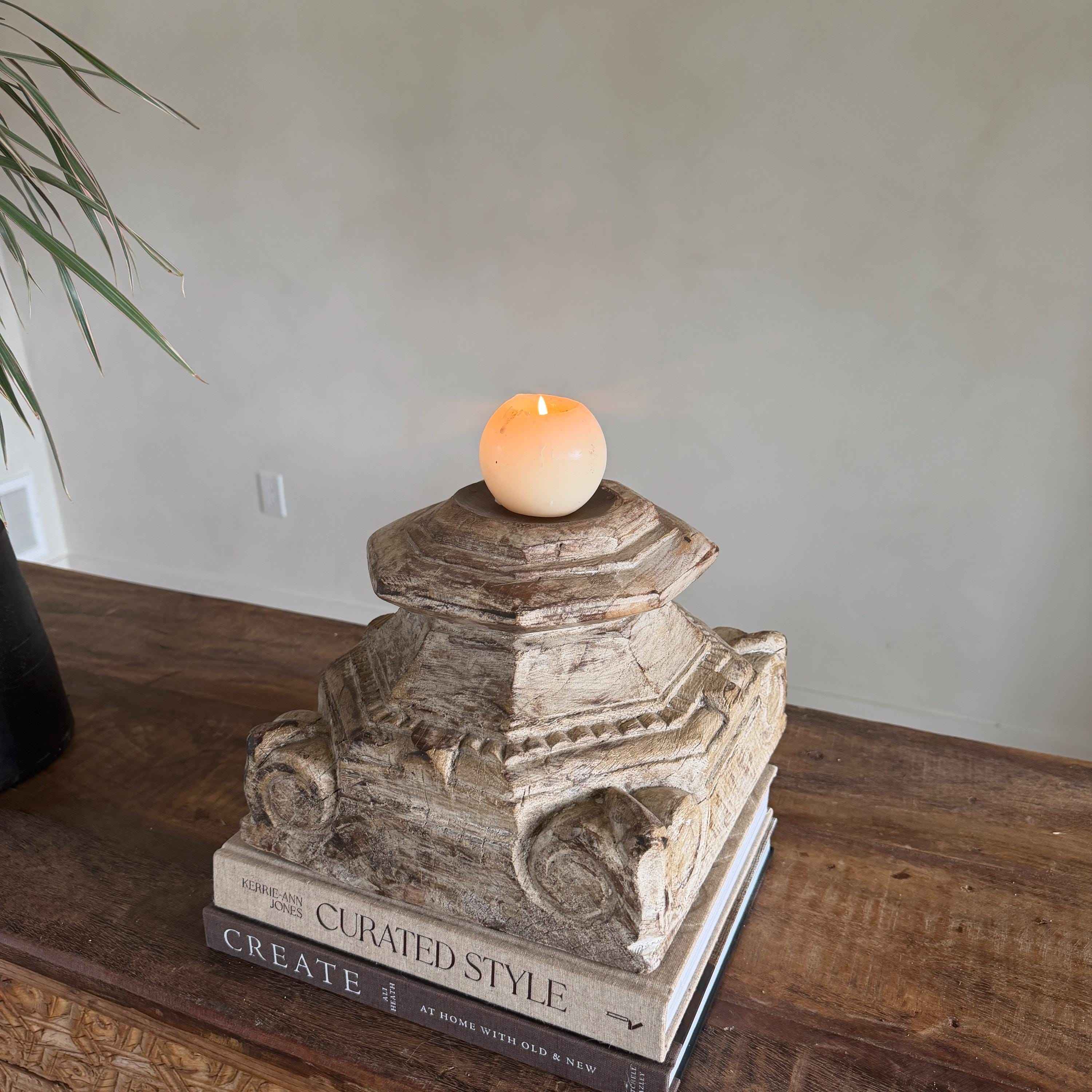 Vintage Teak Palace Capital Candle Holder | Hand-Carved Royal Relic