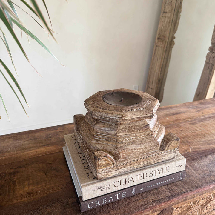 Vintage Teak Palace Capital Candle Holder | Hand-Carved Royal Relic