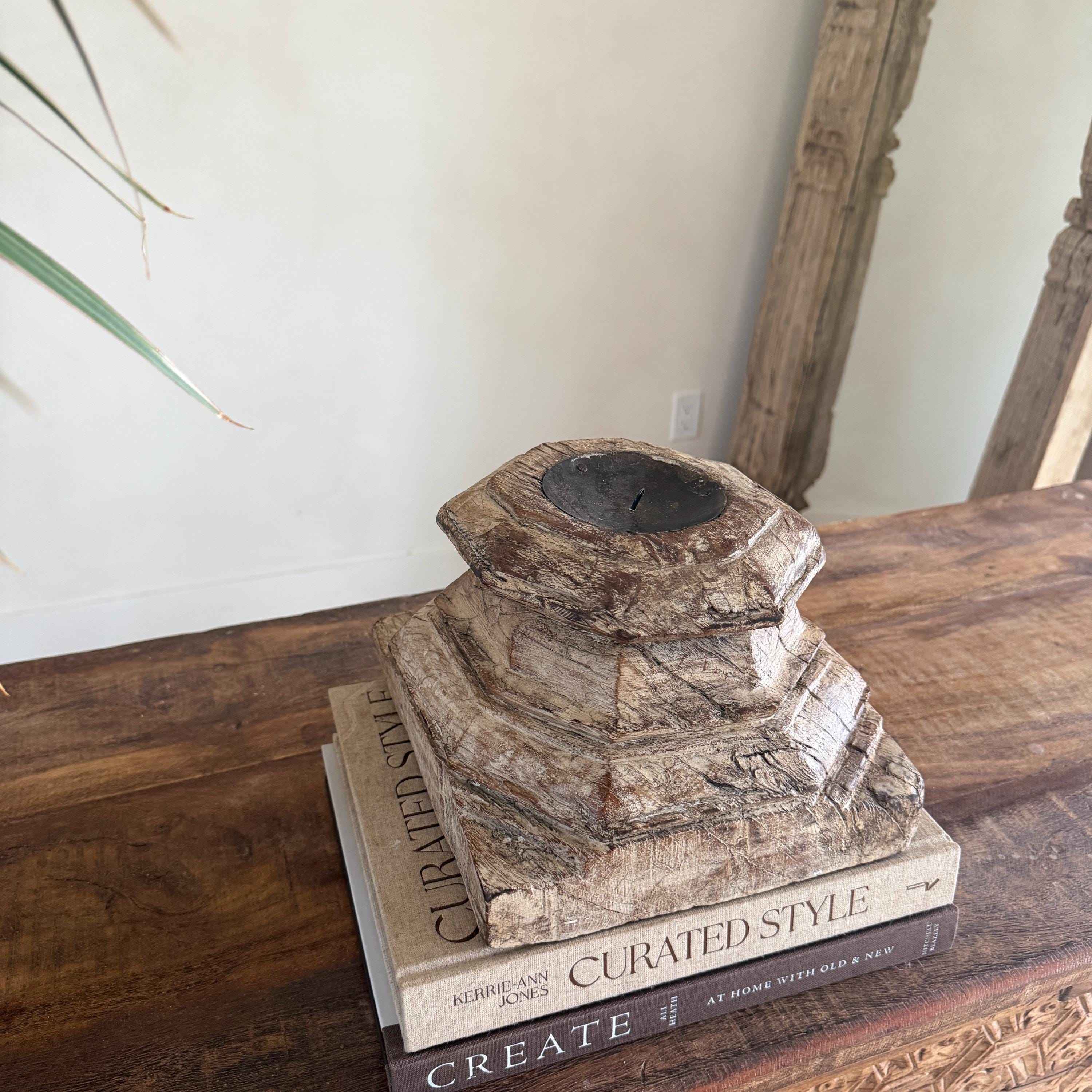 Vintage Teak Palace Capital Candle Holder | Hand-Carved Royal Relic
