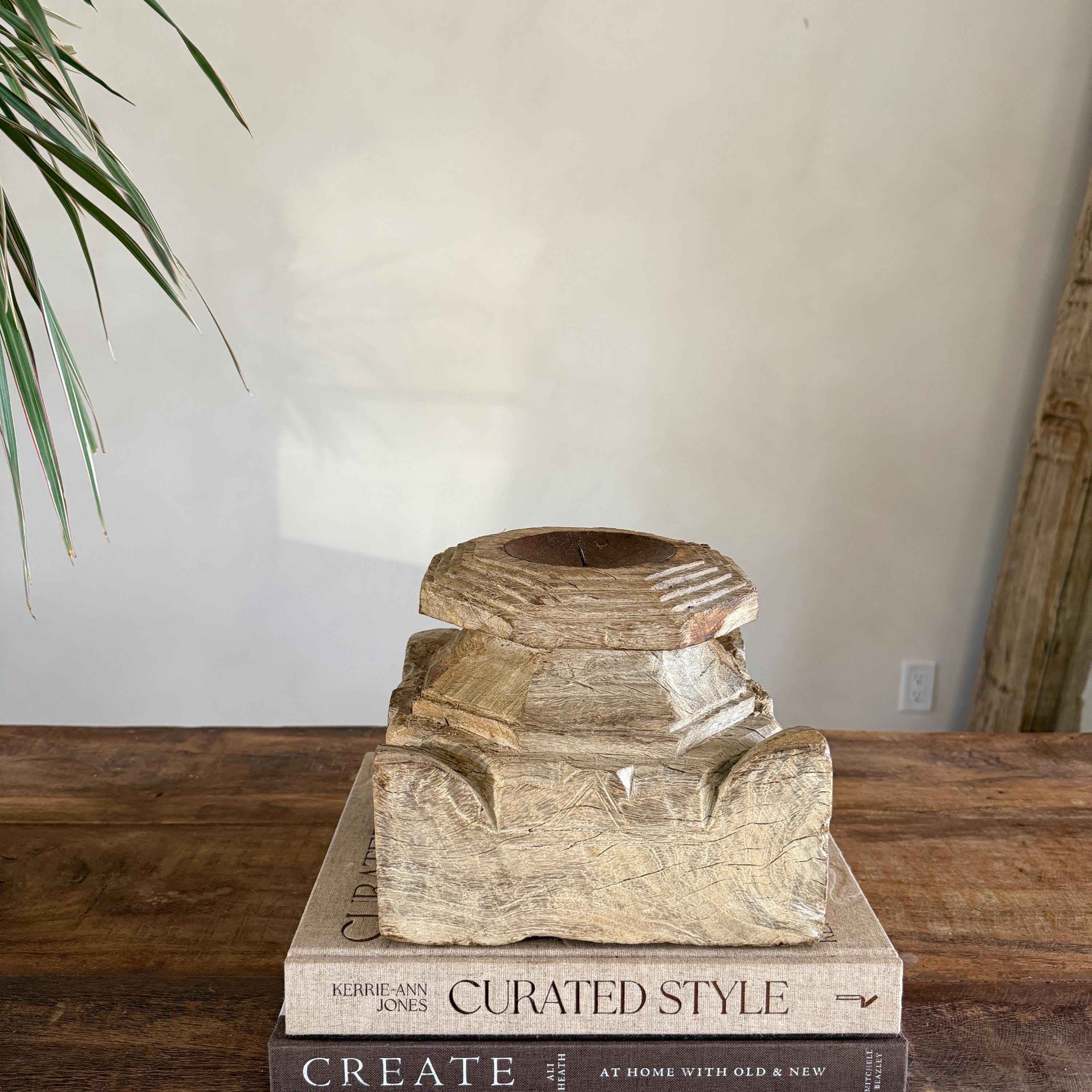 Vintage Teak Palace Capital Candle Holder | Hand-Carved Royal Relic