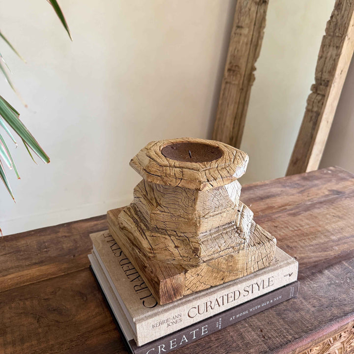 Vintage Teak Palace Capital Candle Holder | Hand-Carved Royal Relic
