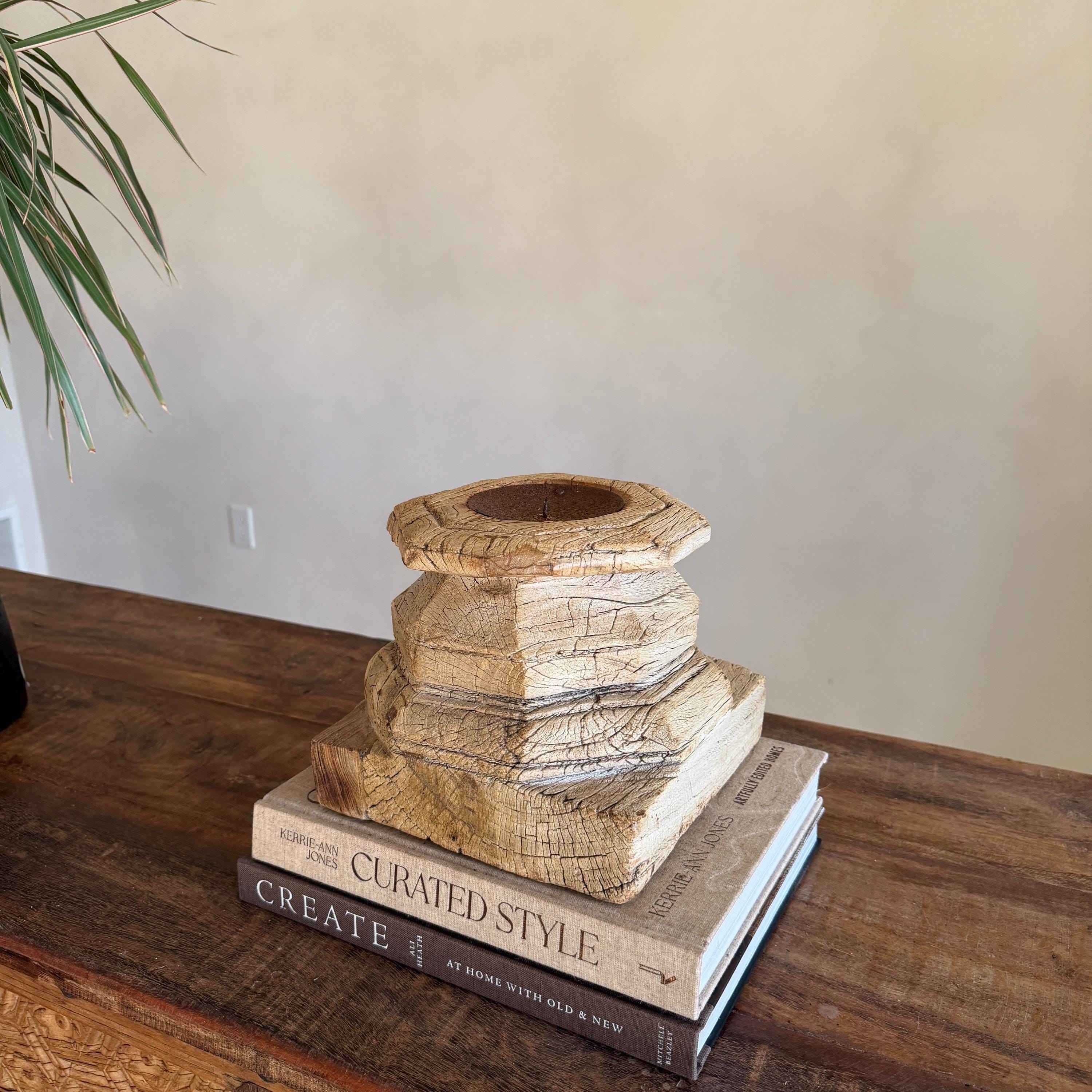 Vintage Teak Palace Capital Candle Holder | Hand-Carved Royal Relic