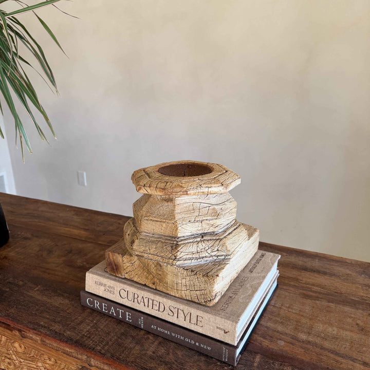 Vintage Teak Palace Capital Candle Holder | Hand-Carved Royal Relic