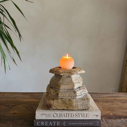 Vintage Teak Palace Capital Candle Holder | Hand-Carved Royal Relic