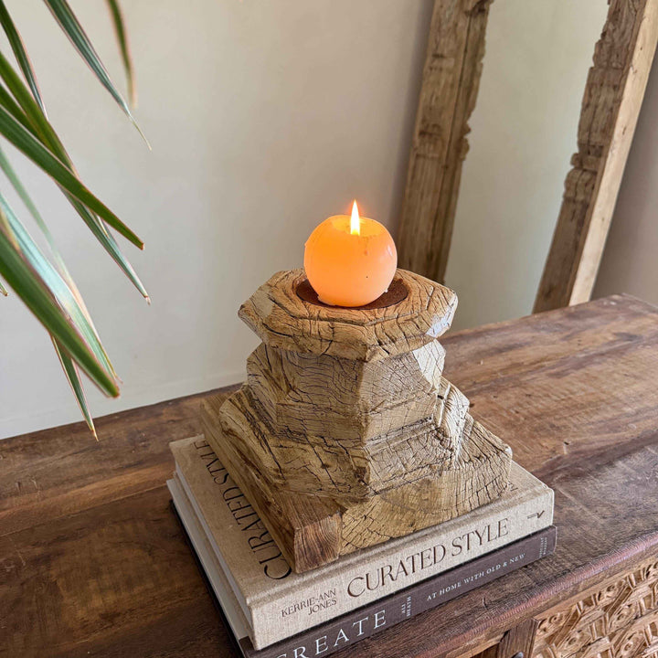 Vintage Teak Palace Capital Candle Holder | Hand-Carved Royal Relic
