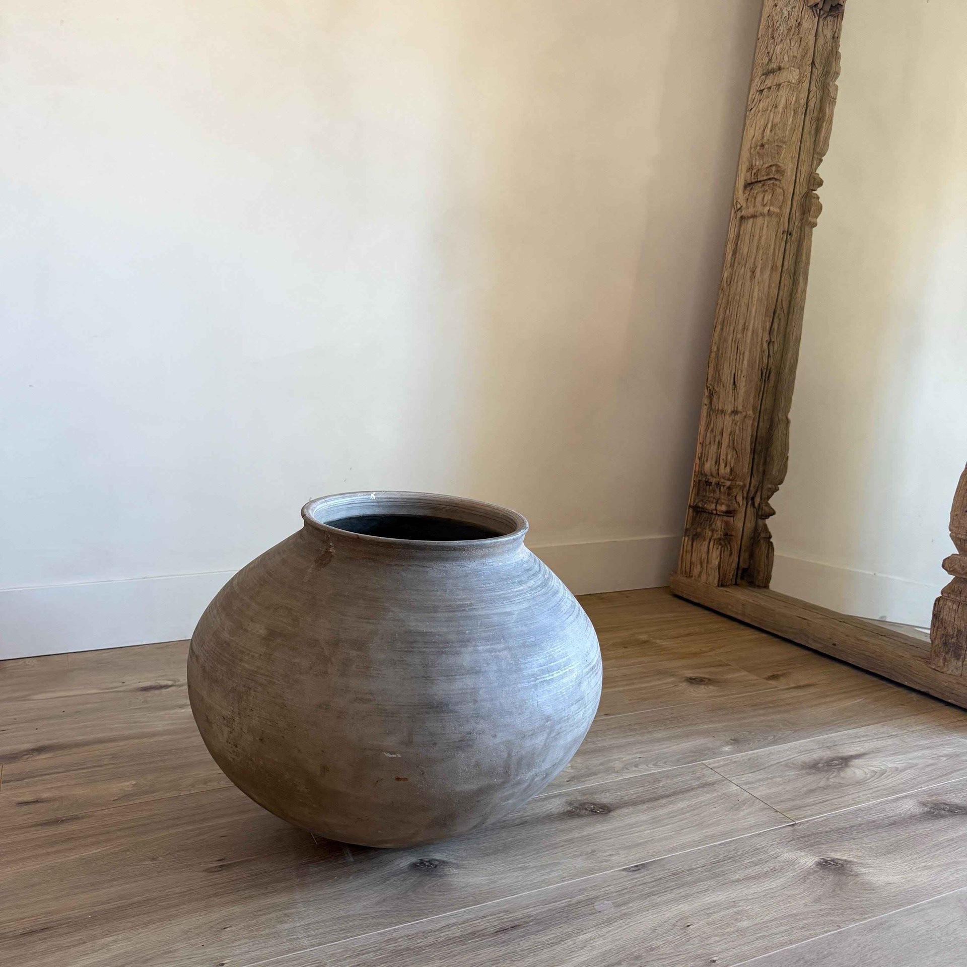 XL Vintage Clay Pot Floor Vase, Antique Handmade Earthenware, Rustic Oversized Decor