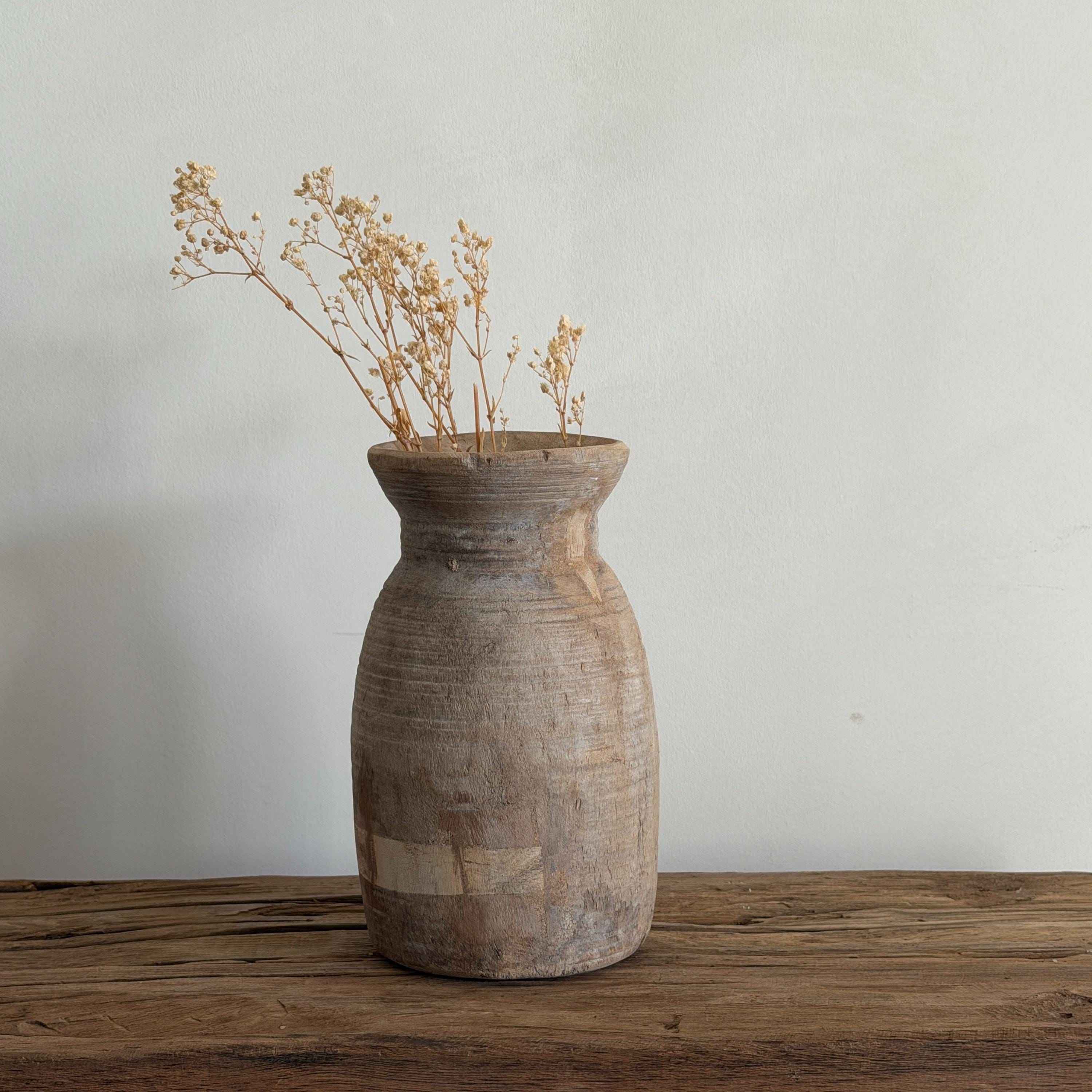 Antique Neutral Wooden Vase | Farmhouse Boho Home Decor | Tabletop Shelf Decor | Wabi Sabi Vase