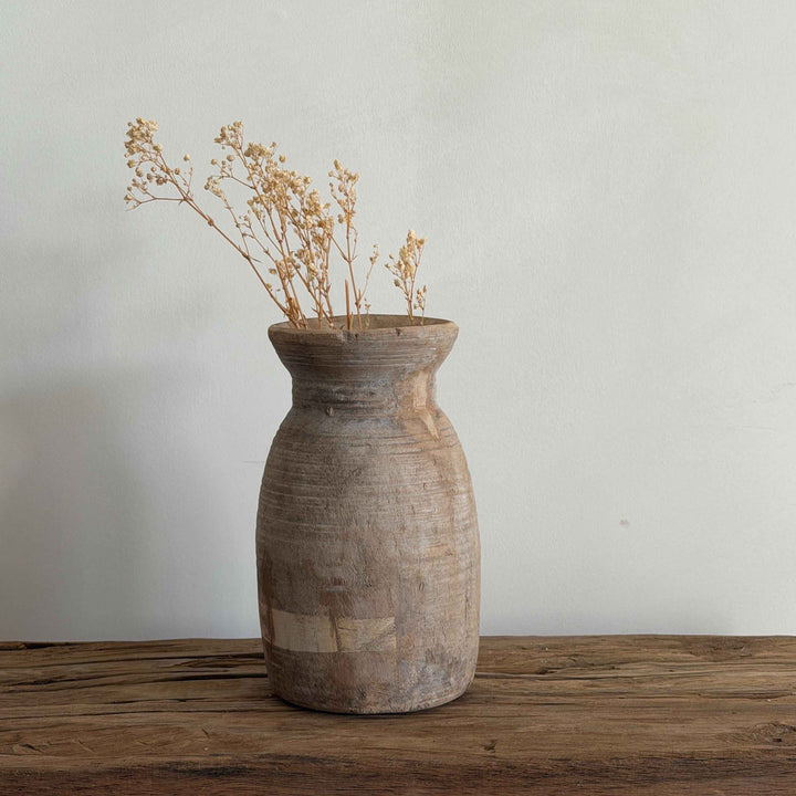 Antique Neutral Wooden Vase | Farmhouse Boho Home Decor | Tabletop Shelf Decor | Wabi Sabi Vase