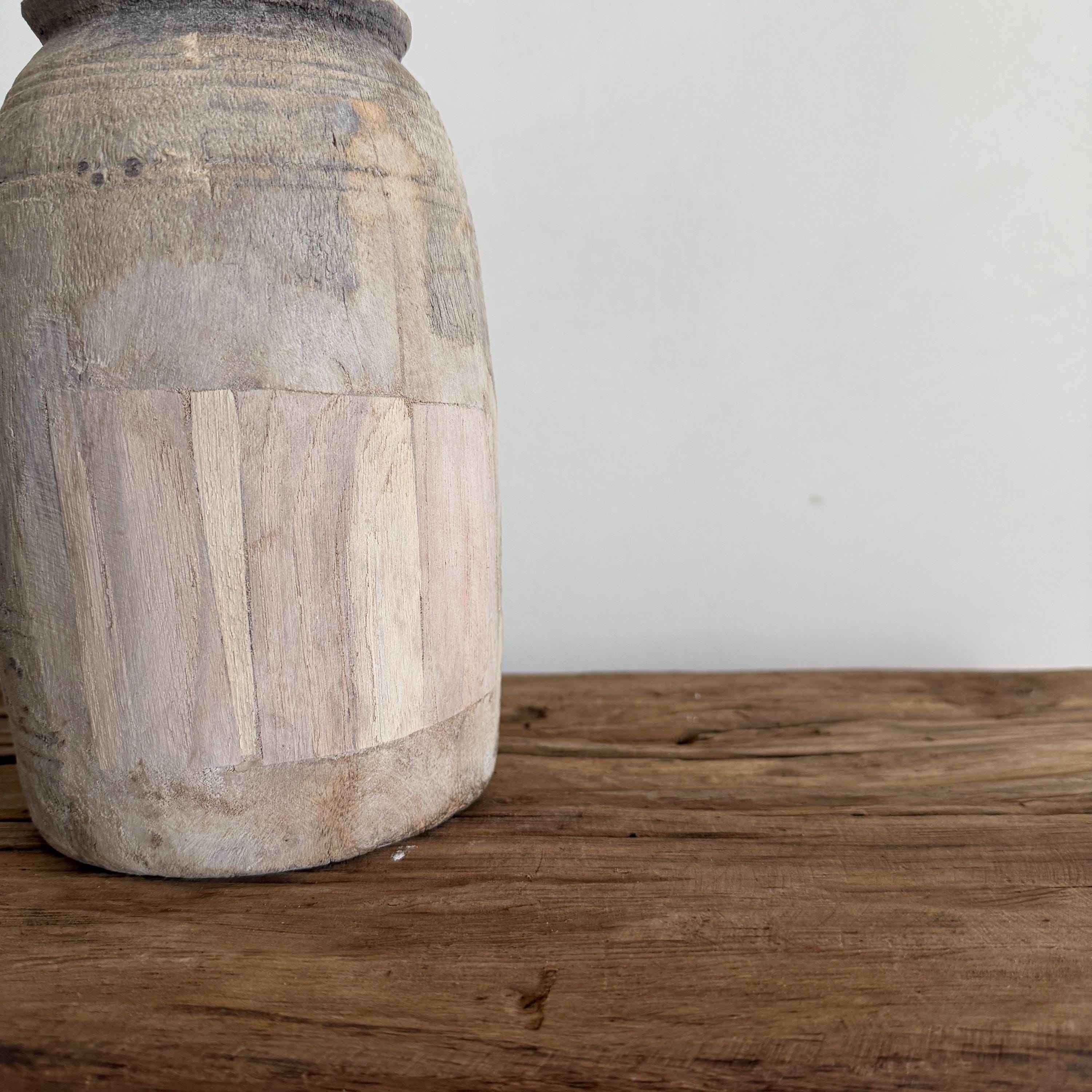 Antique Neutral Wooden Vase | Farmhouse Boho Home Decor | Tabletop Shelf Decor | Wabi Sabi Vase