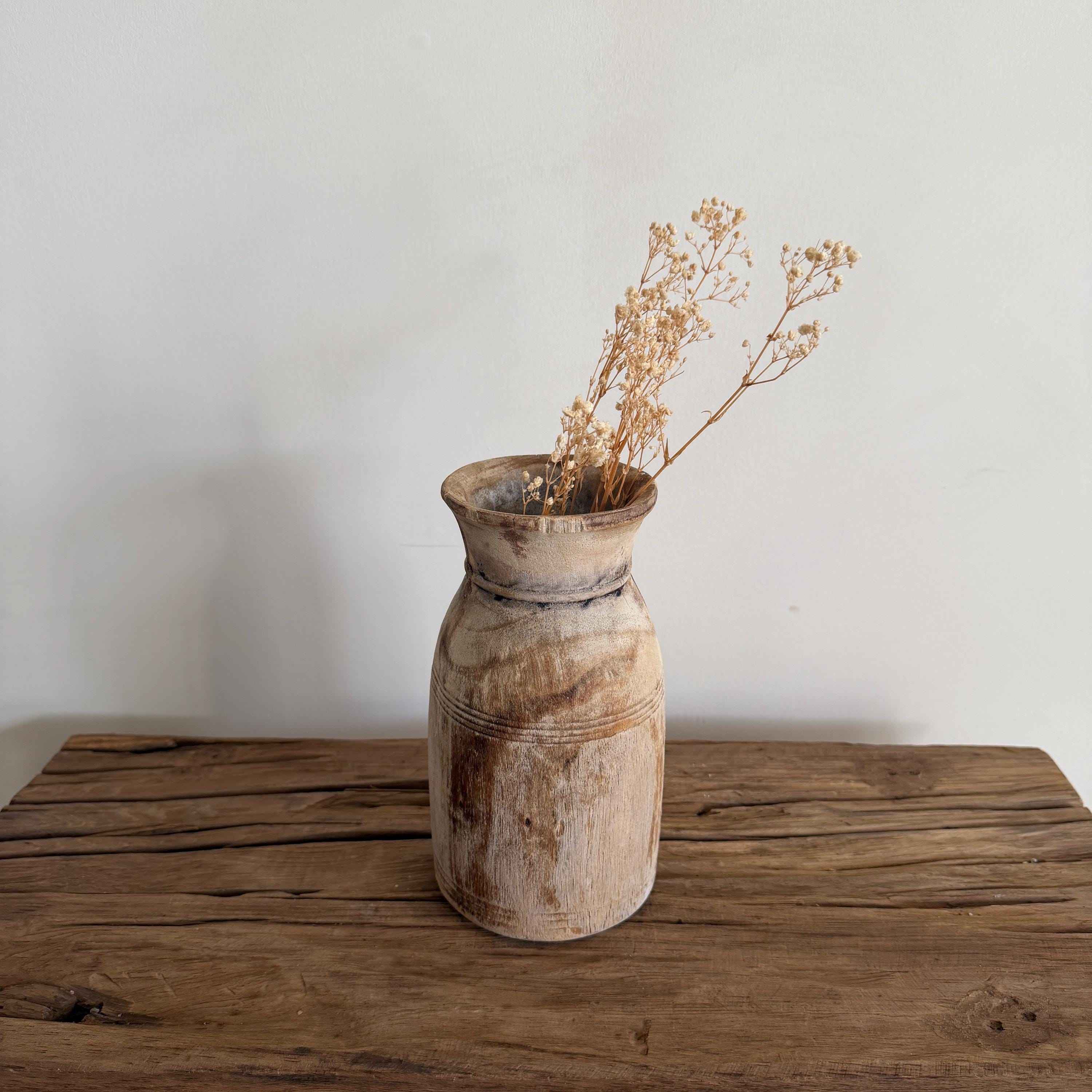 Antique Neutral Wooden Vase | Farmhouse Boho Home Decor | Tabletop Shelf Decor | Wabi Sabi Vase