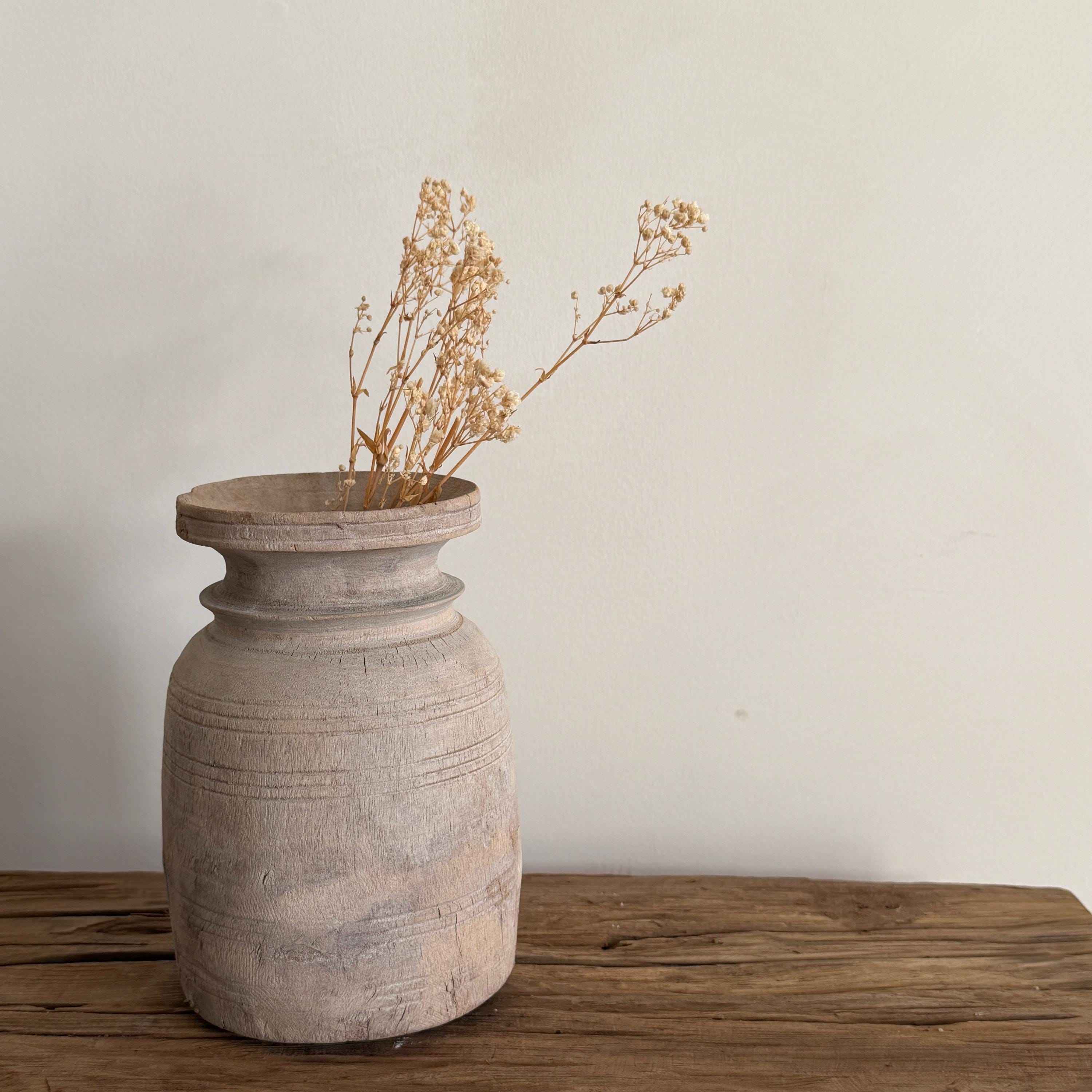 Antique Neutral Wooden Vase | Farmhouse Boho Home Decor | Tabletop Shelf Decor | Wabi Sabi Vase