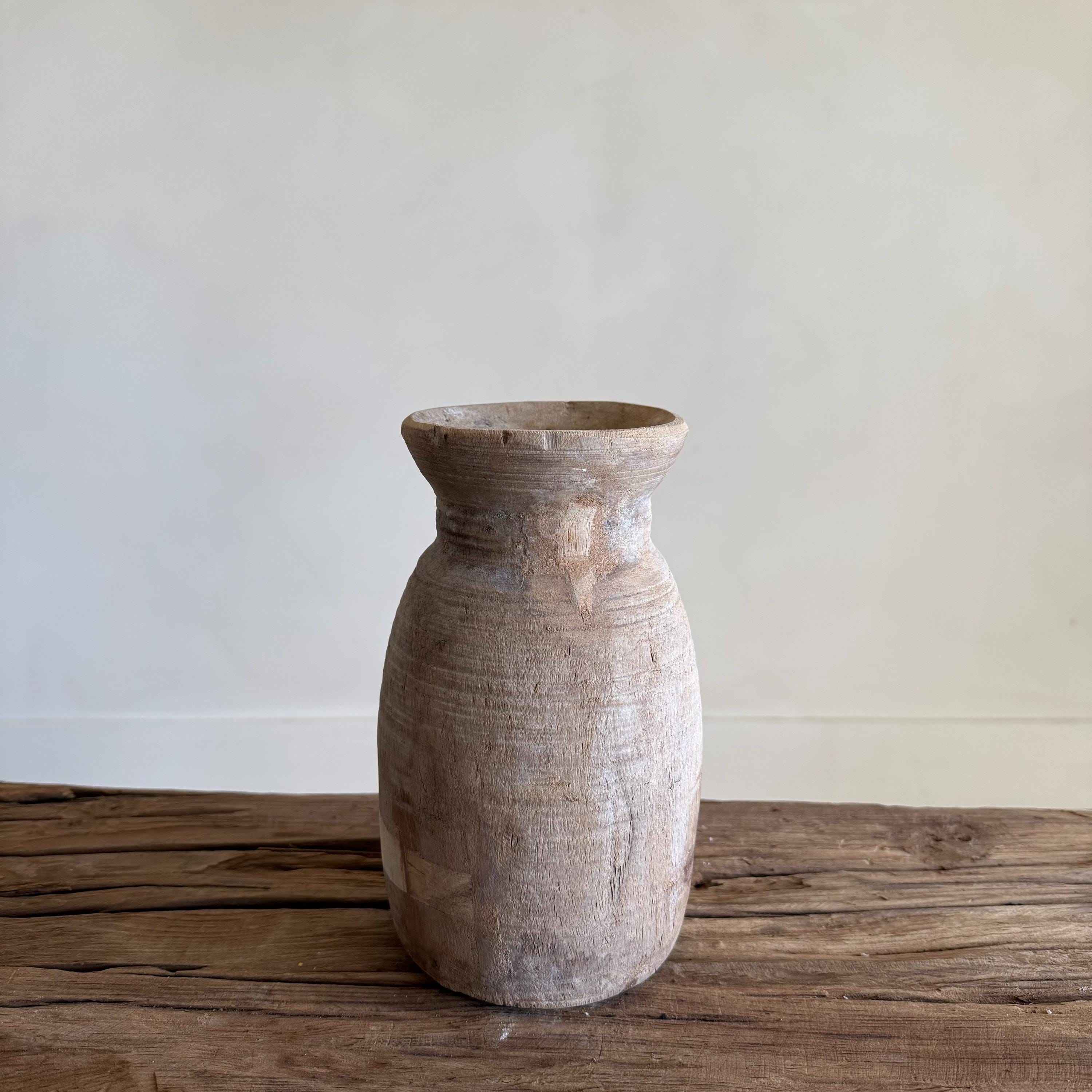 Antique Neutral Wooden Vase | Farmhouse Boho Home Decor | Tabletop Shelf Decor | Wabi Sabi Vase