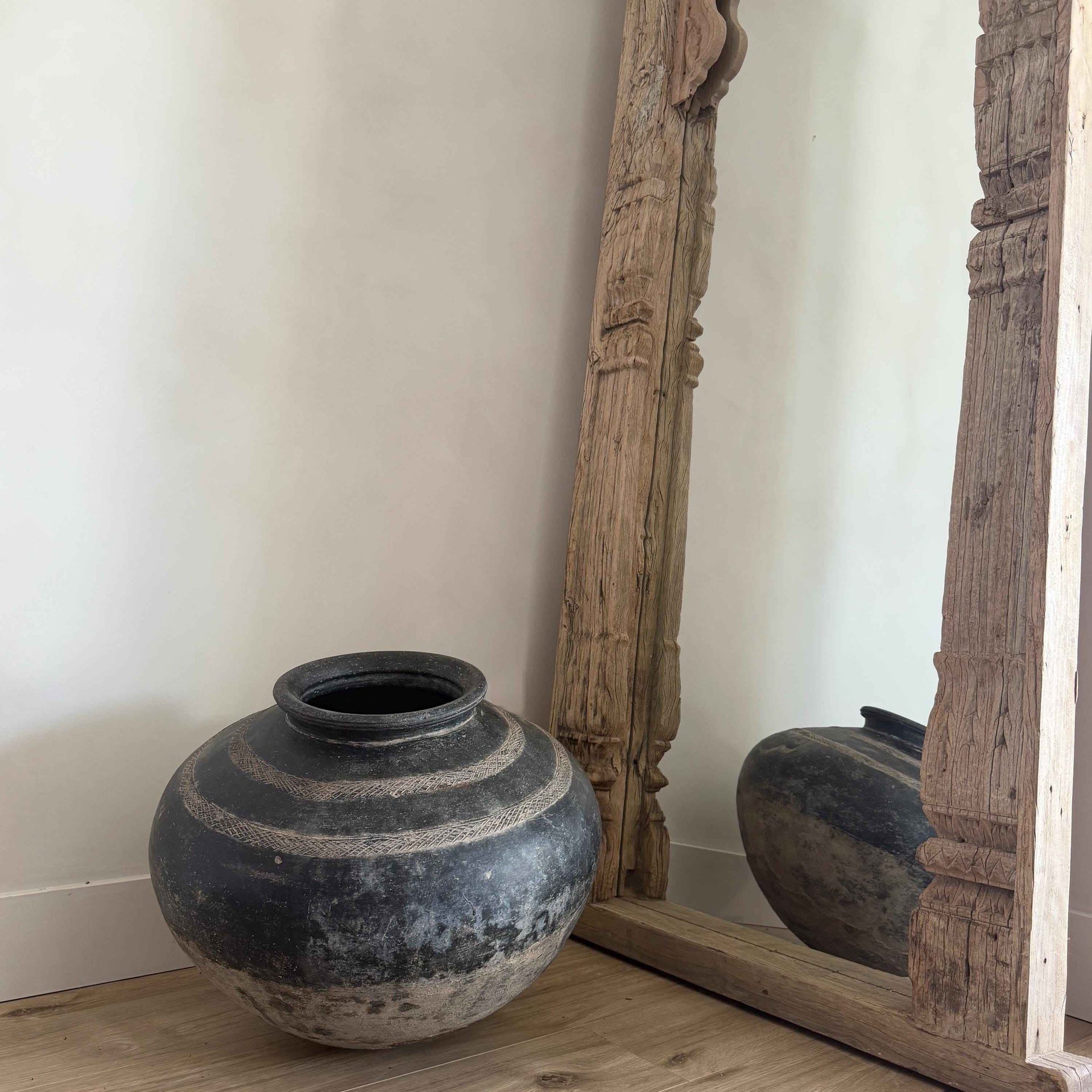 XL Vintage Clay Pot Floor Vase, Antique Handmade Earthenware, Rustic Oversized Decor