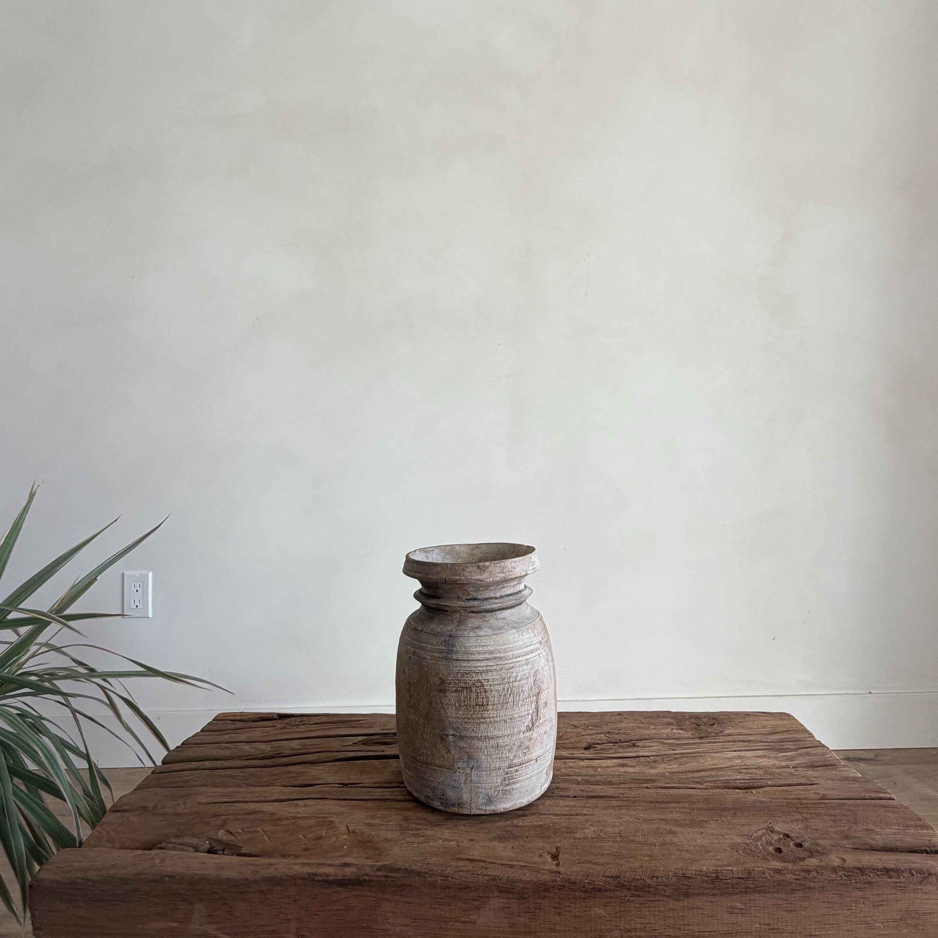 Antique Neutral Wooden Vase | Farmhouse Boho Home Decor | Tabletop Shelf Decor | Wabi Sabi Vase