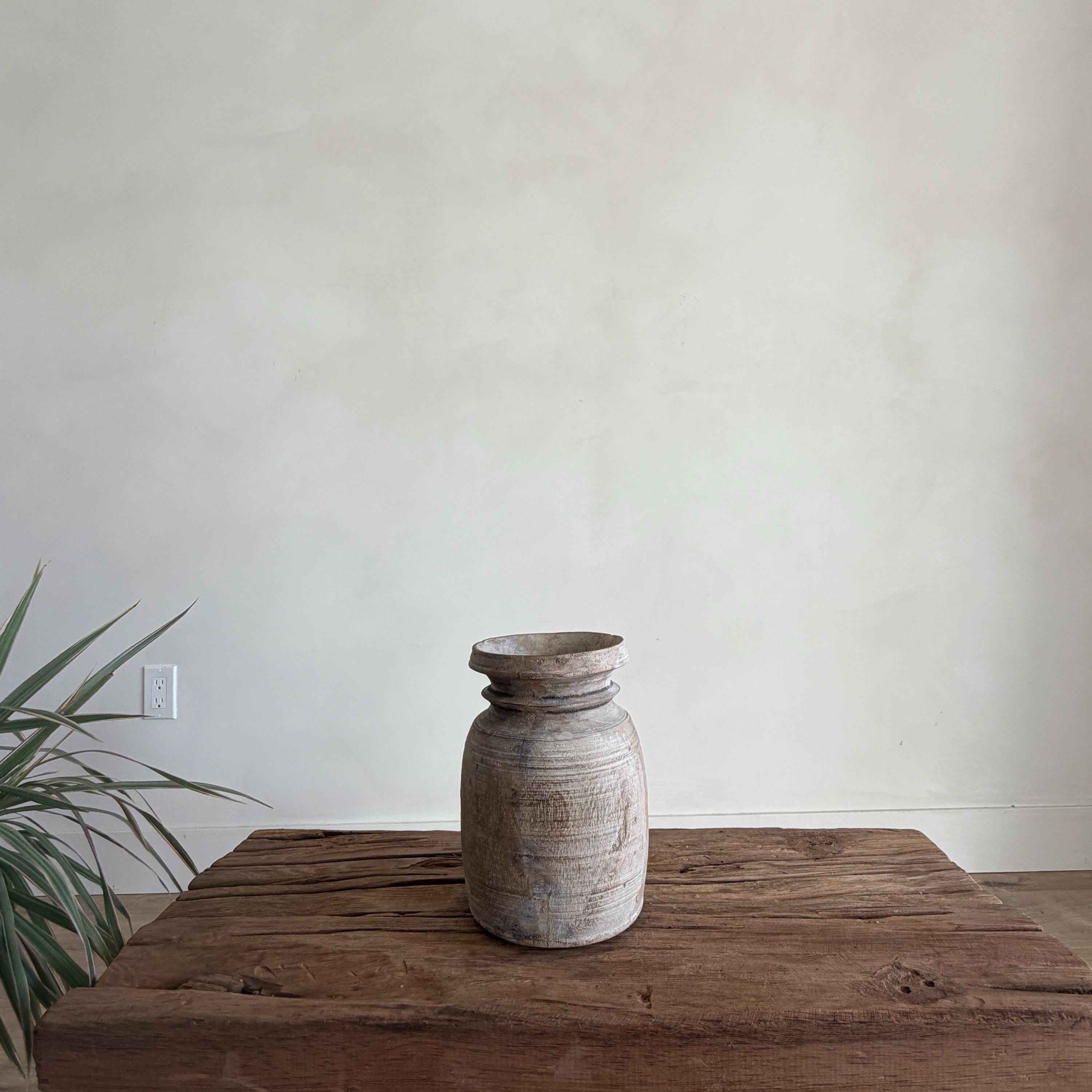 Antique Neutral Wooden Vase | Farmhouse Boho Home Decor | Tabletop Shelf Decor | Wabi Sabi Vase