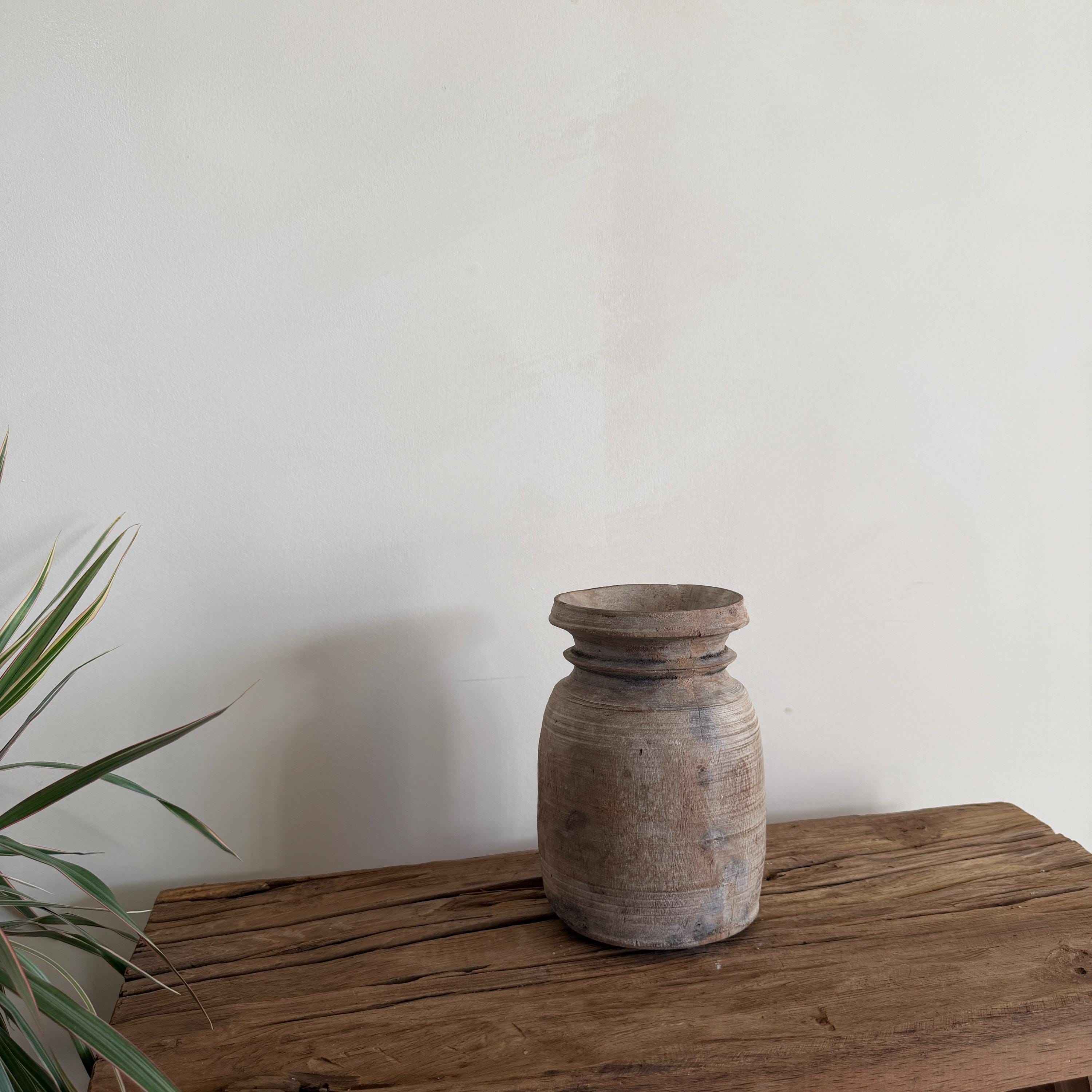 Antique Neutral Wooden Vase | Farmhouse Boho Home Decor | Tabletop Shelf Decor | Wabi Sabi Vase