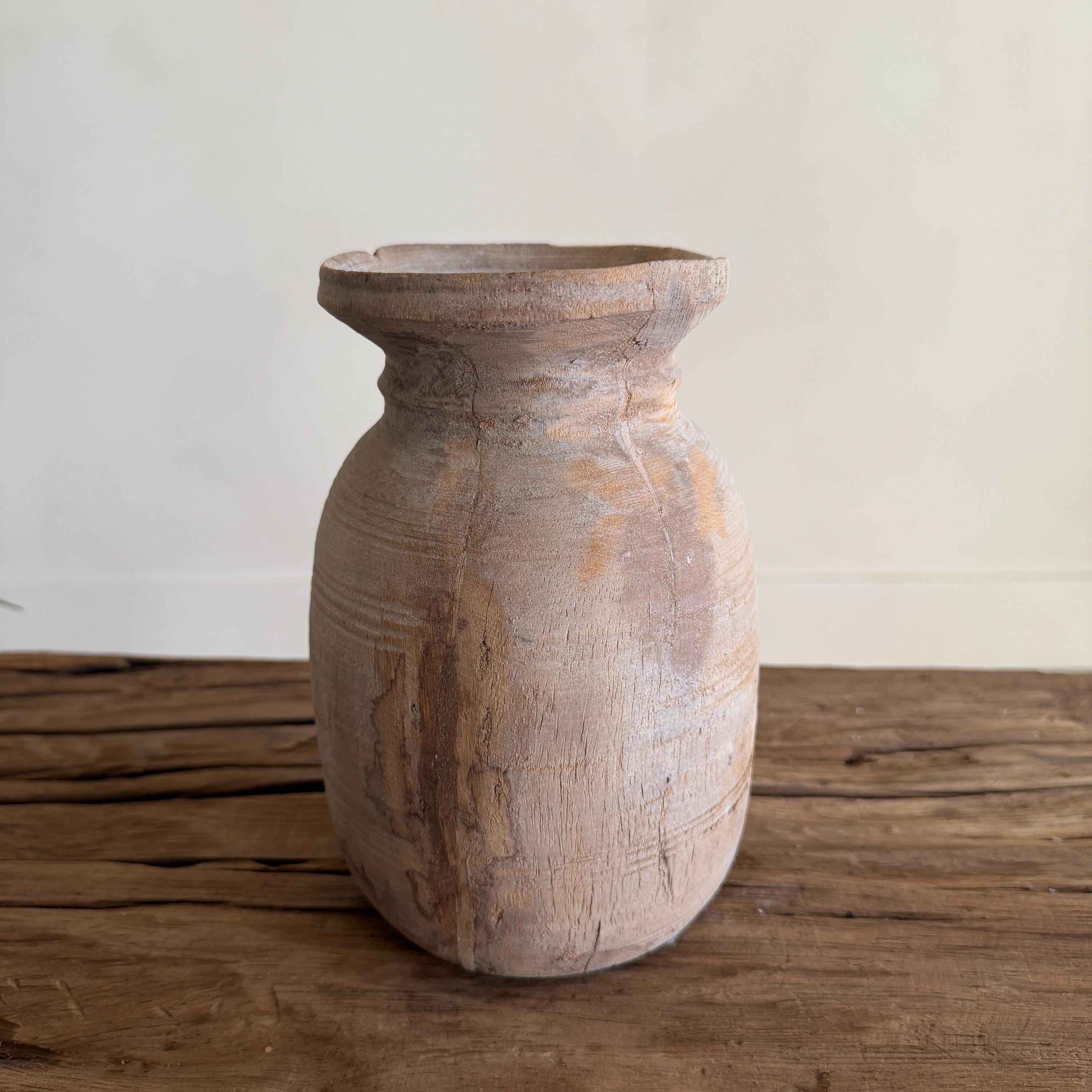 Antique Neutral Wooden Vase | Farmhouse Boho Home Decor | Tabletop Shelf Decor | Wabi Sabi Vase