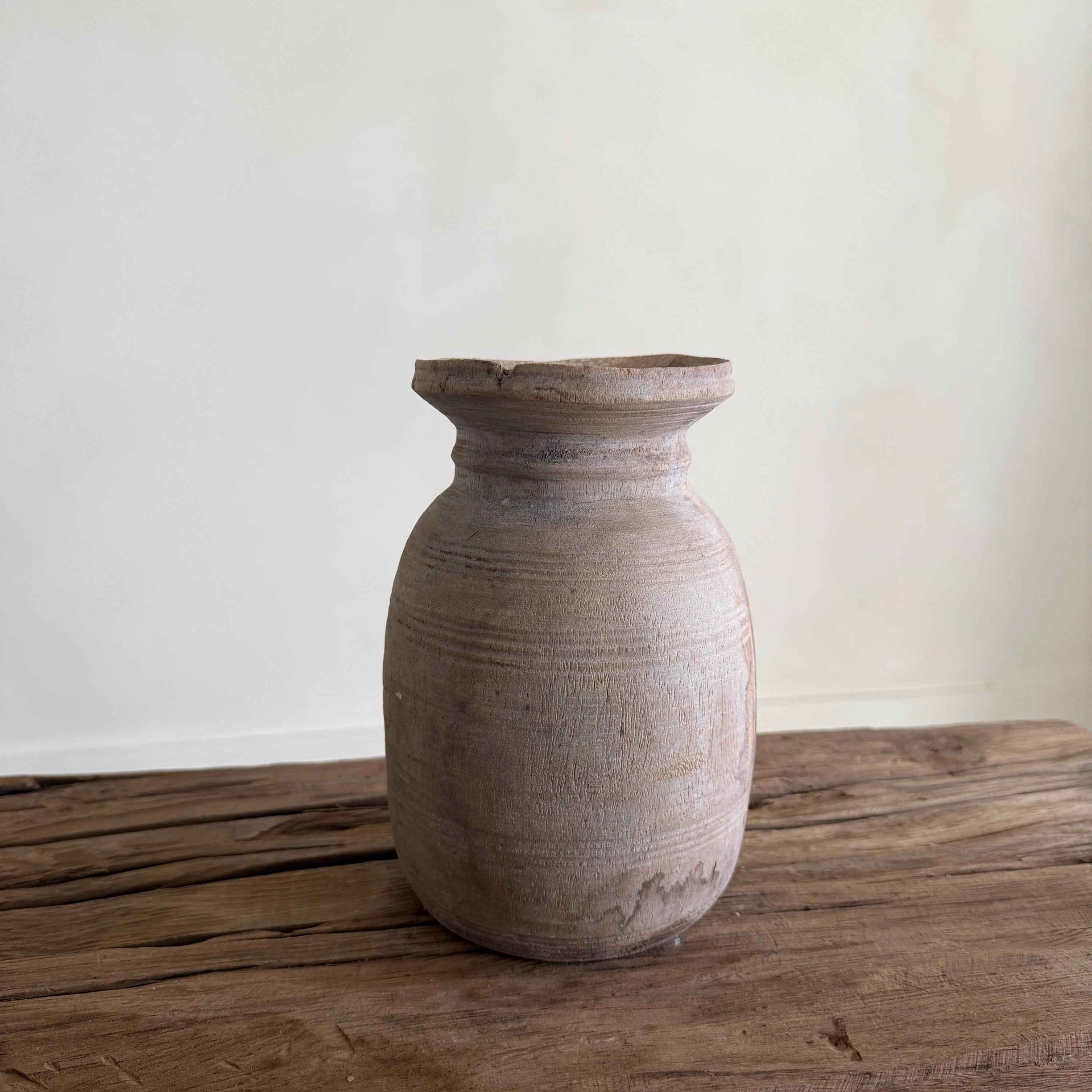 Antique Neutral Wooden Vase | Farmhouse Boho Home Decor | Tabletop Shelf Decor | Wabi Sabi Vase