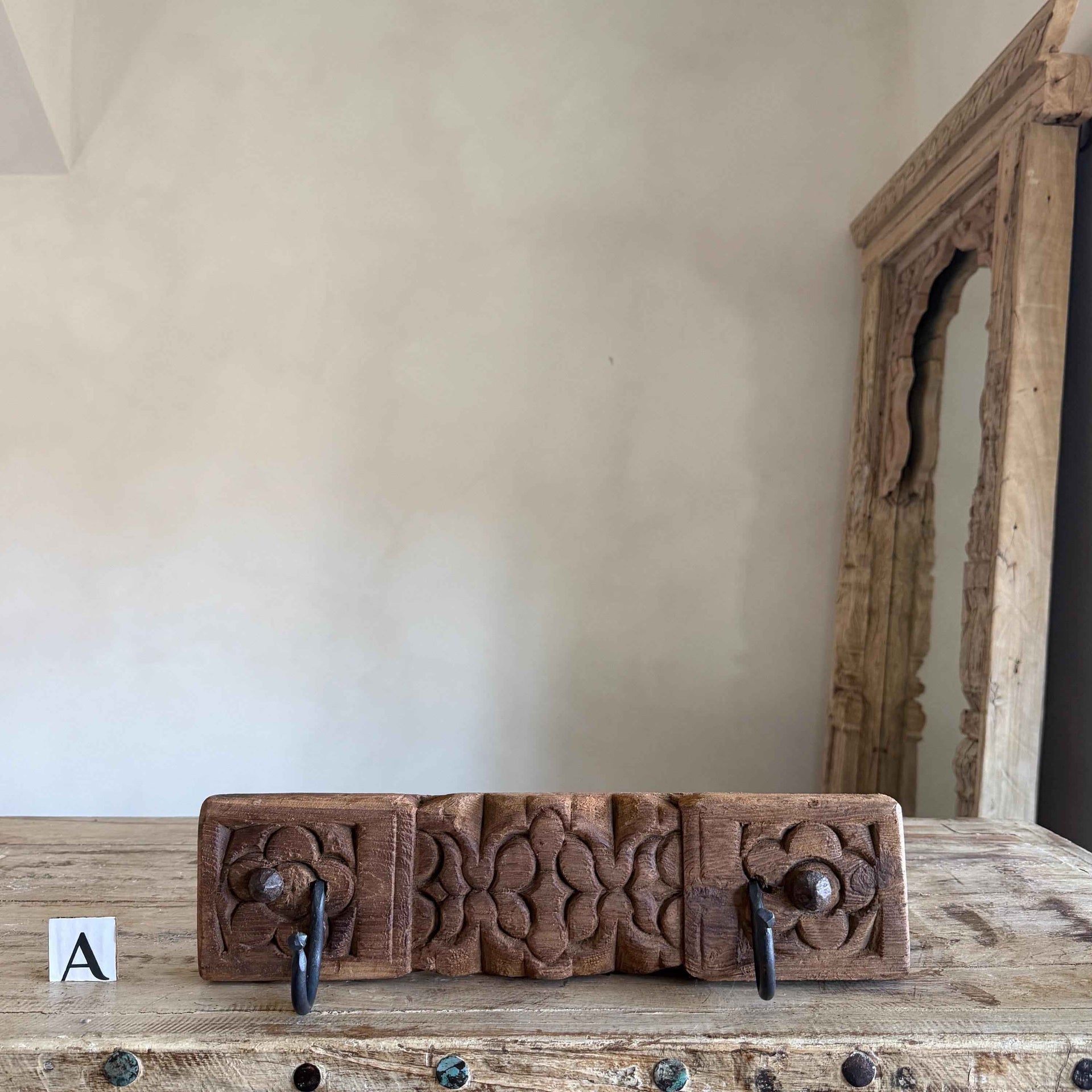 Vintage Hand Carved Wooden Wall Hook | Ornate Floral Panel