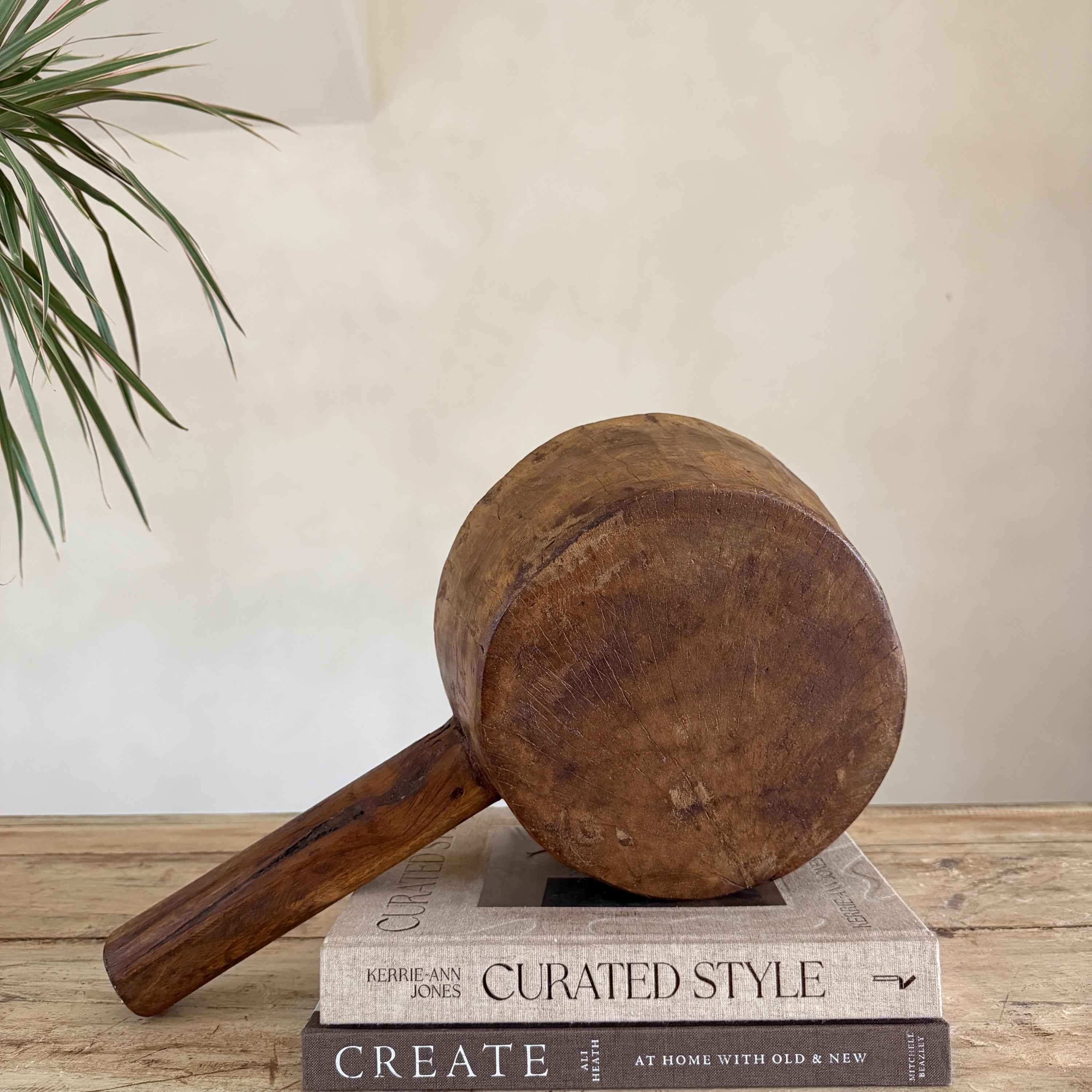 Antique Hand Carved Wooden Mortar | Vintage Rustic Grinder Bowl with Handle 18"