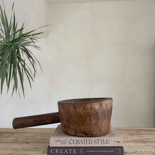 Antique Hand Carved Wooden Mortar | Vintage Rustic Grinder Bowl with Handle 18"